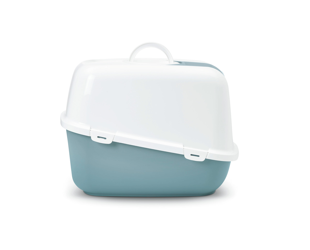 Savic Katzentoilette "Nestor", geschl., für Katzen, Weiß/Blau, mit Tragegriff & Klappe, ideal f. Hygiene & Geruchskontrolle.