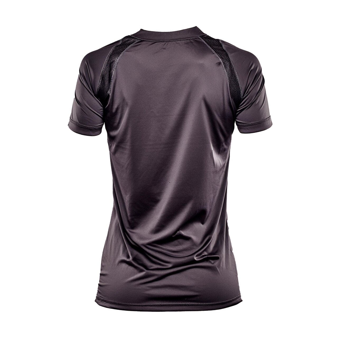 Rückansicht eines schwarzen, kurzärmeligen Funktionsshirts mit leicht glänzendem Stoff und Mesh-Einsätzen an den Schultern.