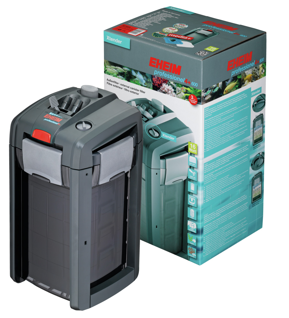 EHEIM professionel 4+ 600 Außenfilter, für Süß--Meerwasseraquarien, mit „Xtender“, 16 Watt, modernes Design, ideal für Aquarienbesitzer.