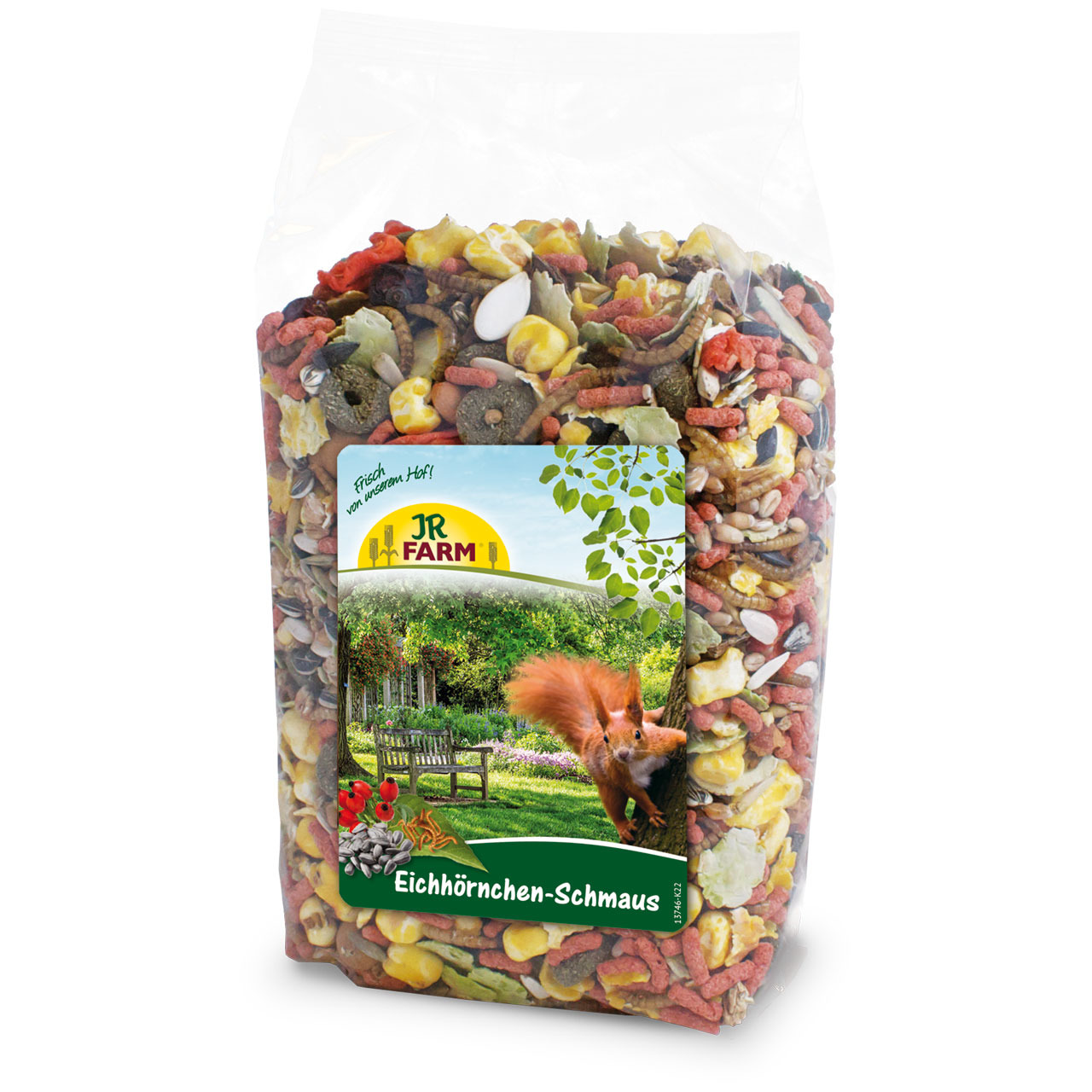 JR FARM Eichhörnchen-Schmaus, 600 g, für Eichhörnchen, Mix aus Nüssen, Samen & Getreide, „Frisch vom eigenen Hof“.
