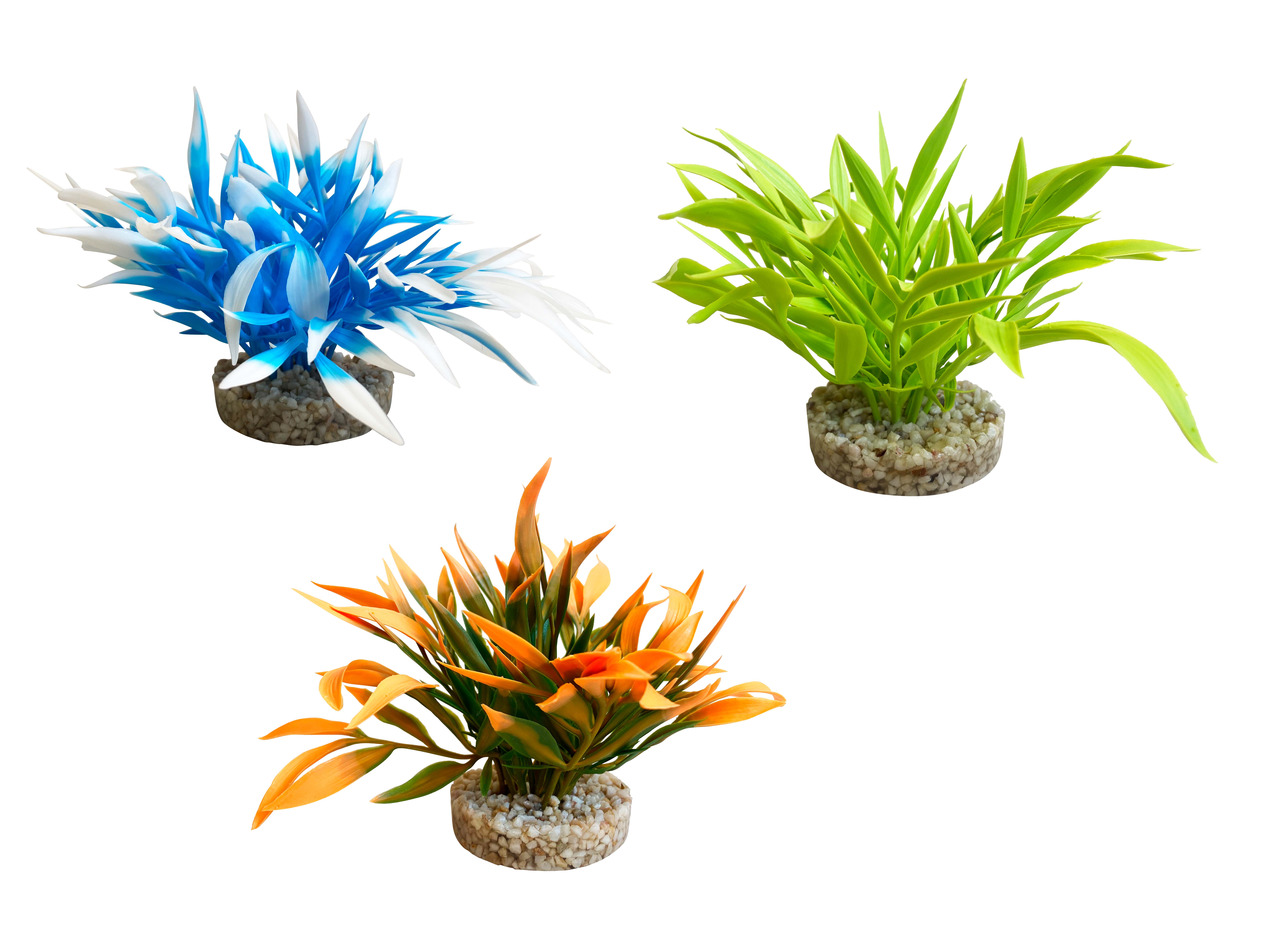 Sydeco künstl. Aquarienpflanzen, Blau-Weiß-Grün-Orange, für alle Aquarien, pflegeleicht, 3 Stk., auf runden Kiesbasen befestigt.