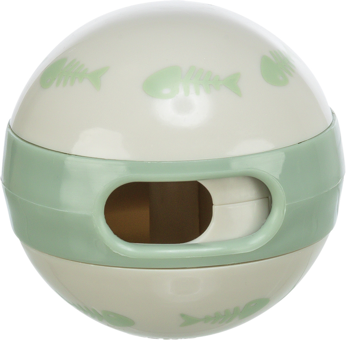 TRIXIE Snackball-Spielzeug für Katzen, beige mit grünen Fischgräten, interaktiv, fördert Aktivität & Geschick, Snacks fallen heraus.