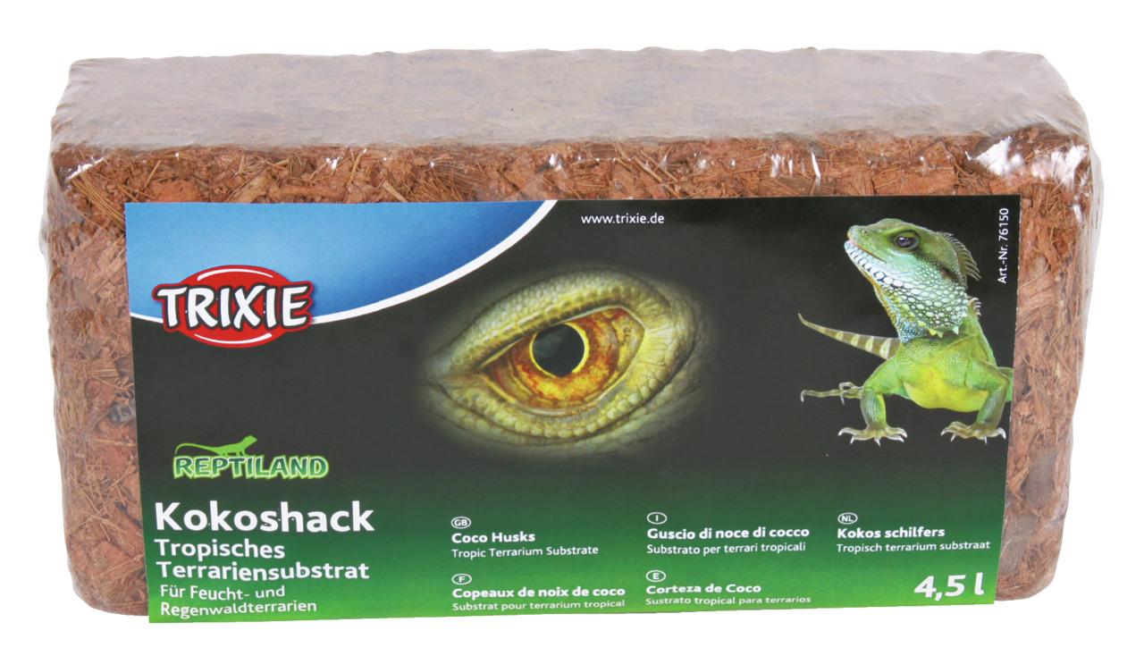 TRIXIE Reptiland Kokoshack Terrariensubstrat, 4,5L, für Feucht--Regenwaldterrarien, Reptilien, aus Kokosfasern, mit Logo & Leguan.