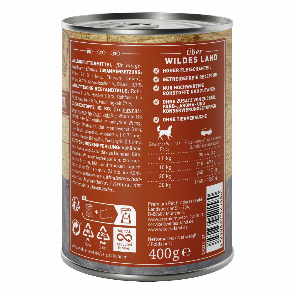 Wildes Land Hundefutter, 400 g, für ausgewachsene Hunde, getreidefrei, hohe Fleischqualität, ohne Zusätze, nachhaltig, tiergerecht.