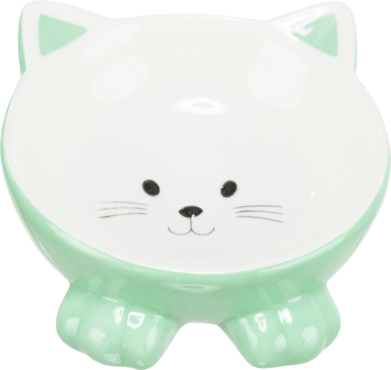 Keramiknapf von TRIXIE in Katzenform, ideal für Katzen als Zielgruppe. Der Napf zeigt ein niedliches Katzengesicht mit grünen Ohren und Pfoten. Perfekt für Futter oder Wasser, mit einem Fassungsvermögen von ca. 250 ml. Attraktives Design, leicht zu reinig