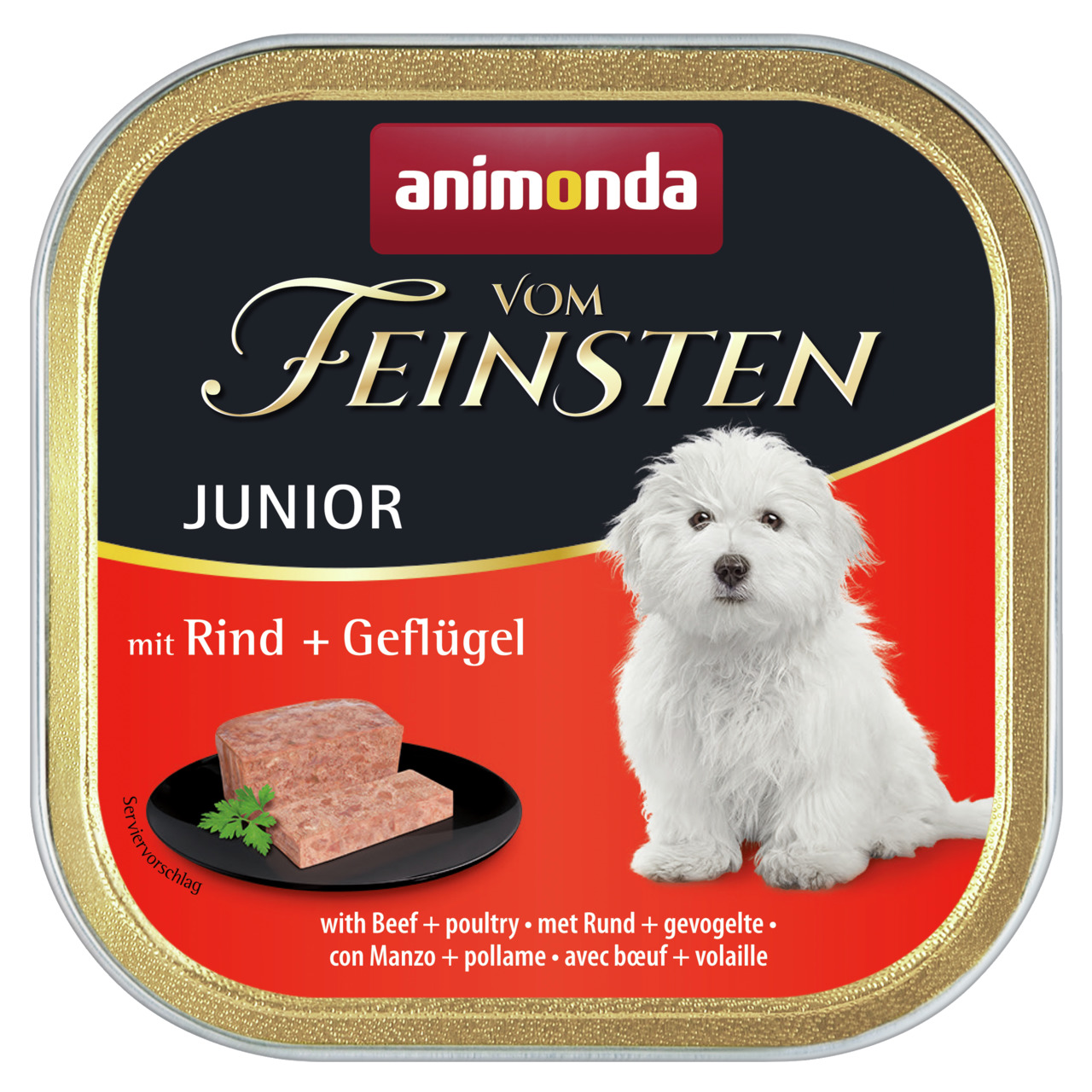 animonda vom Feinsten Junior, Hundefutter für junge Hunde, Rind & Geflügel, 150 g, mit weißem Welpen auf der Verpackung.