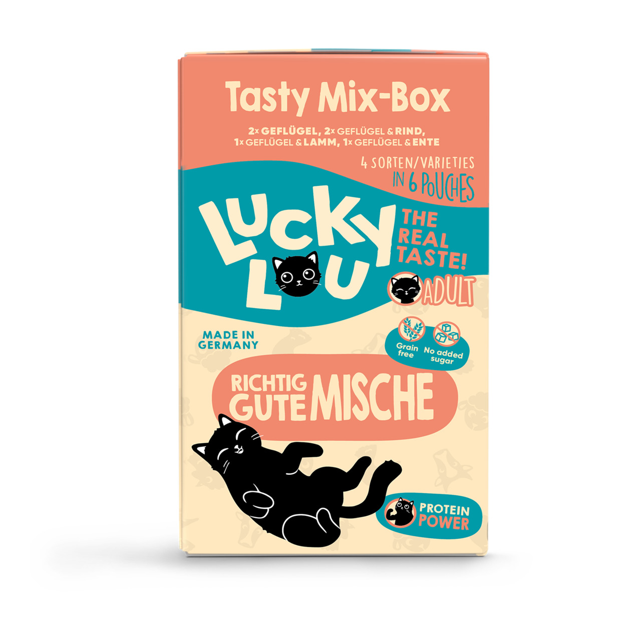 Das Bild zeigt die Verpackung der "Lucky Lou Tasty Mix-Box", einem Katzenfutter für erwachsene Katzen. Enthalten sind sechs Portionsbeutel in vier Sorten: Geflügel, Geflügel & Rind, Geflügel & Lamm sowie Geflügel & Ente. Die Mischung ist getreidefrei, ohn