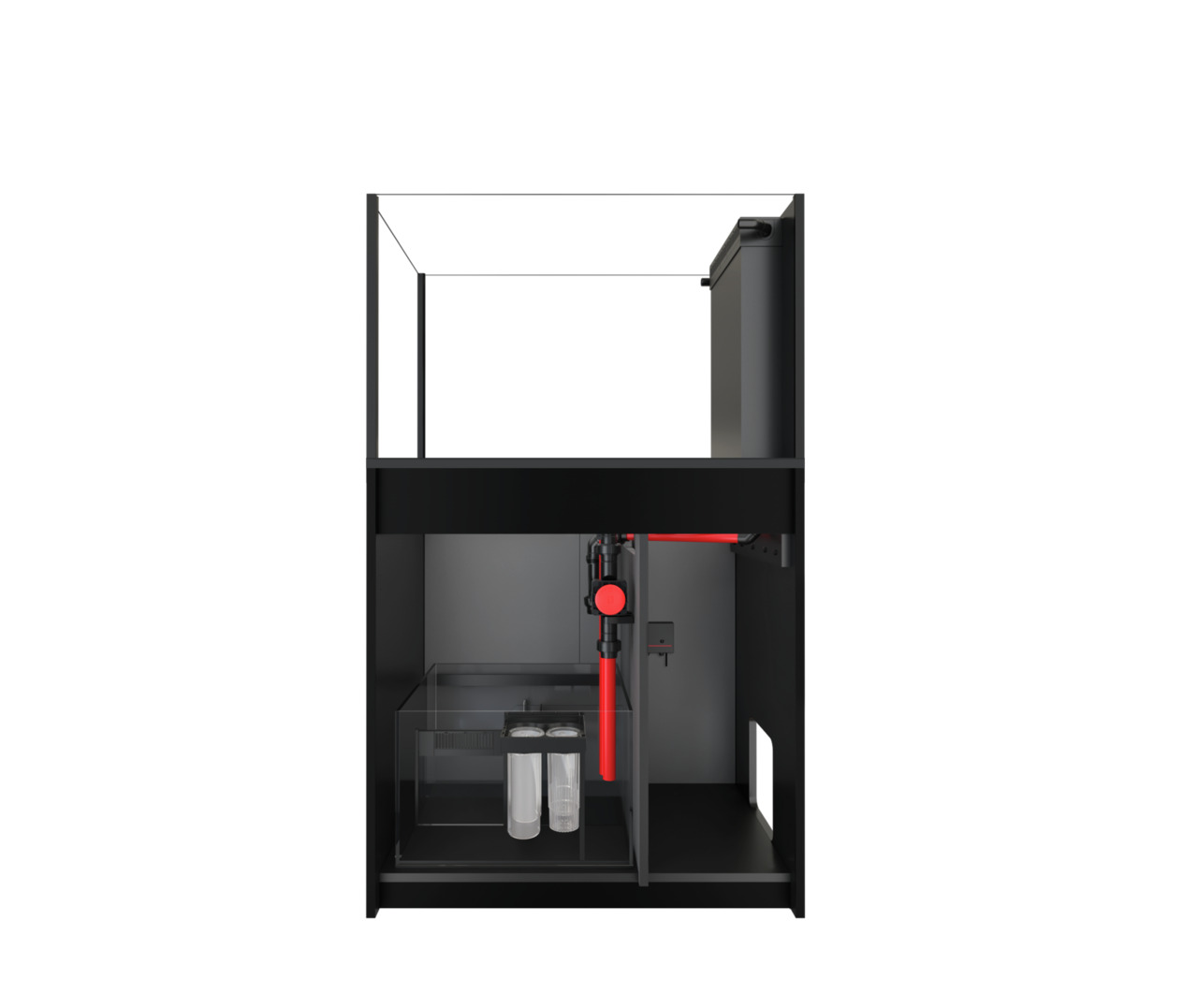 Das Bild zeigt das Red Sea Reefer 3XL 900 Aquarium-System, ein hochwertiges Meerwasseraquarium für erfahrene Aquarianer. Es ist speziell für Salzwasserfische und Korallen konzipiert. Zu sehen ist der Unterschrank mit integriertem Filtersystem, einschließl