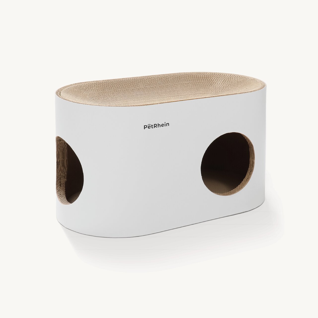 Katzenhaus von PetRhein aus Pappe, ideal für Katzen zum Spielen und Kratzen, in weißem Design mit zwei Eingangsöffnungen.