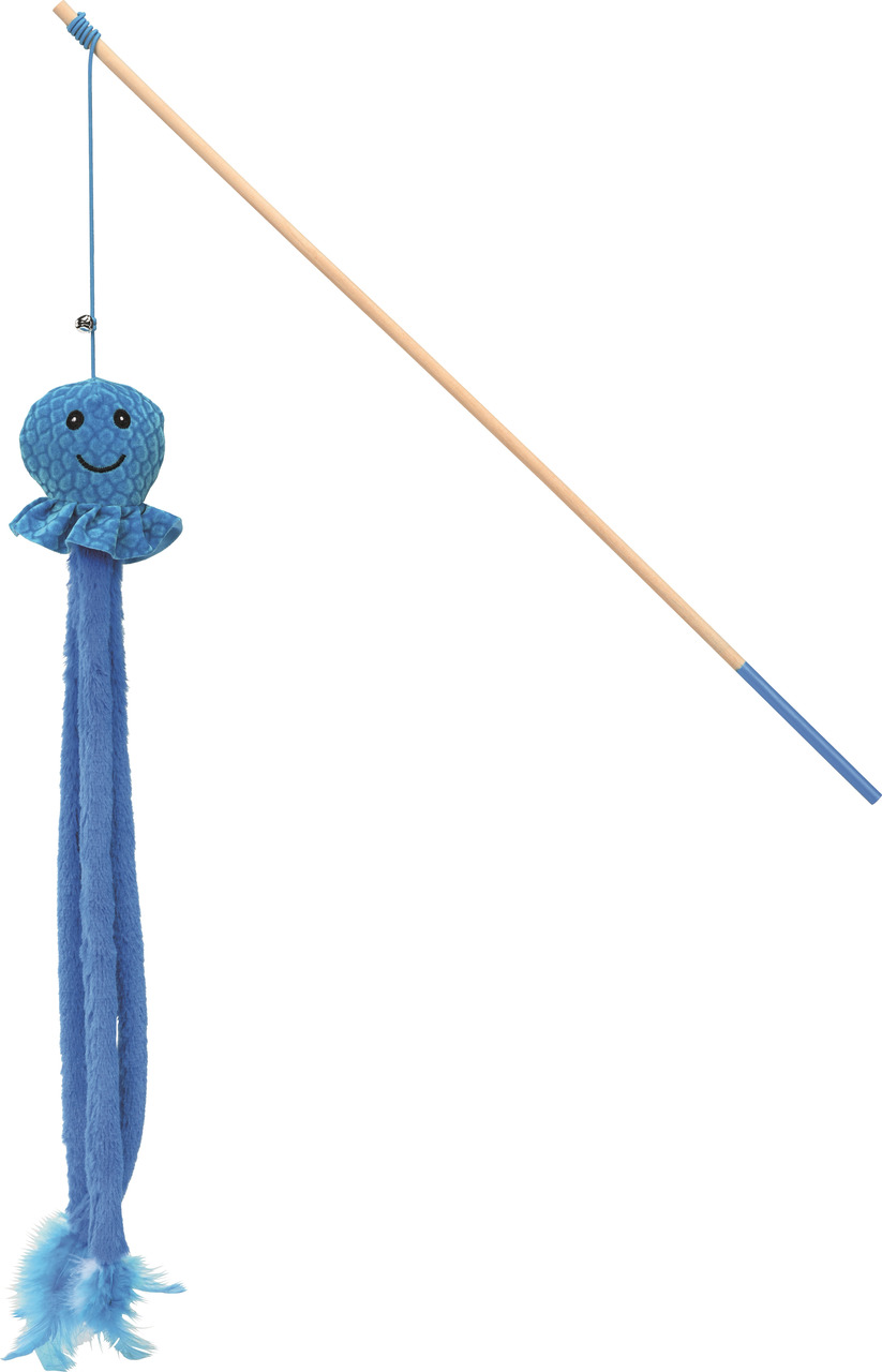 Das Bild zeigt das Katzenspielzeug AniOne Spielangel Oktopus, geeignet für Katzen aller Altersgruppen. Die Spielangel besteht aus einem Holzstab mit einem blauen Plüsch-Oktopus und langen, weichen Bändern sowie Federn am Ende. Sie fördert den Spieltrieb u