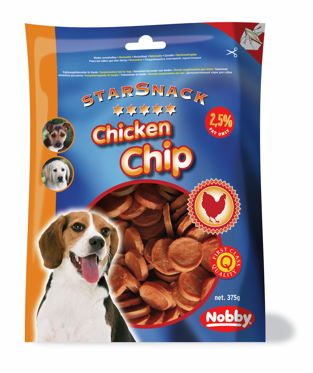 Nobby StarSnack Chicken Chip, Ergänzungsfuttermittel f. Hunde, Hähnchengeschmack, 375 g, 2,5 % Fett, First Class Quality.