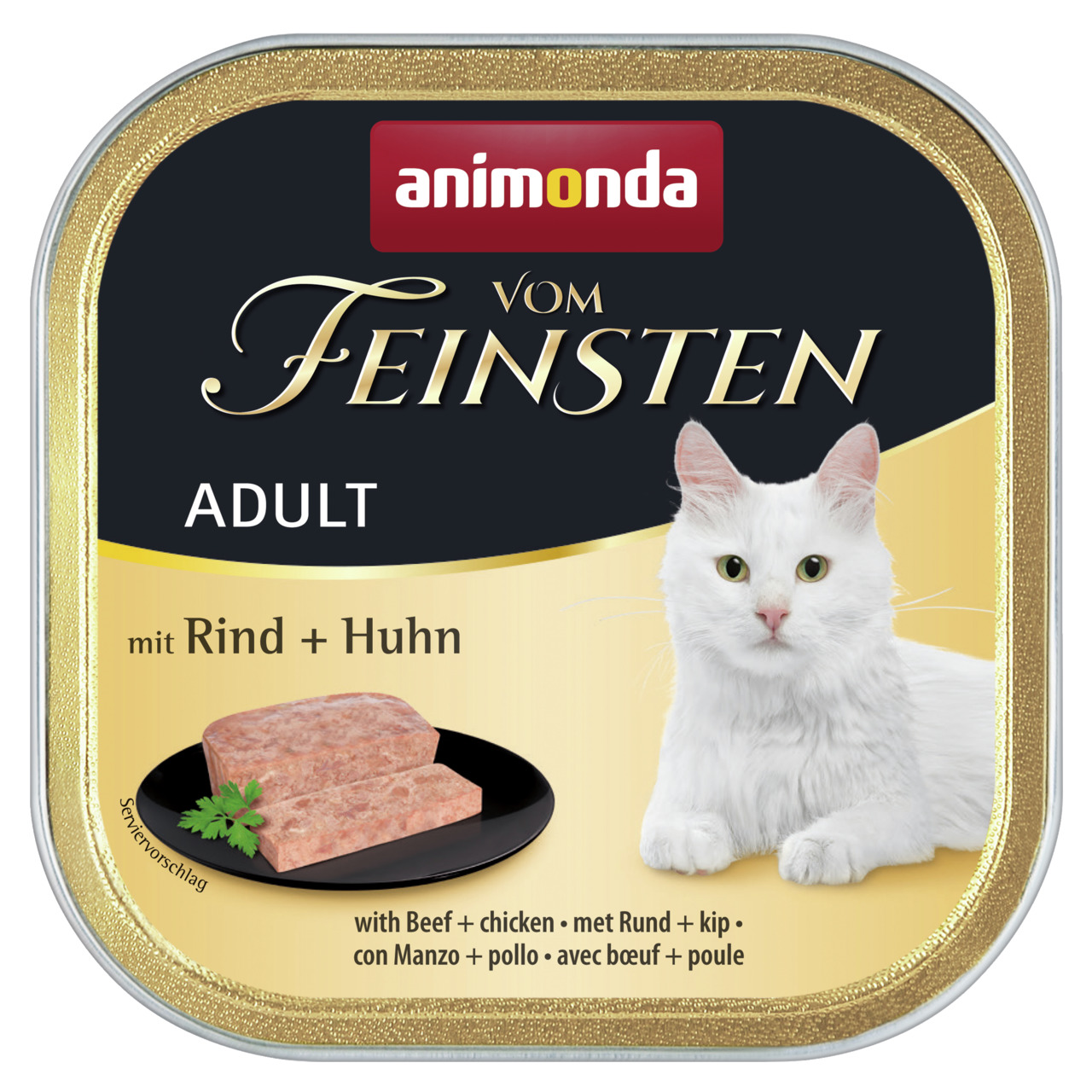 animonda Vom Feinsten Adult, Rind & Huhn, 100 g, für ausgewachsene Katzen, hochwertige Zutaten, weiße Katze auf goldener Verpackung.