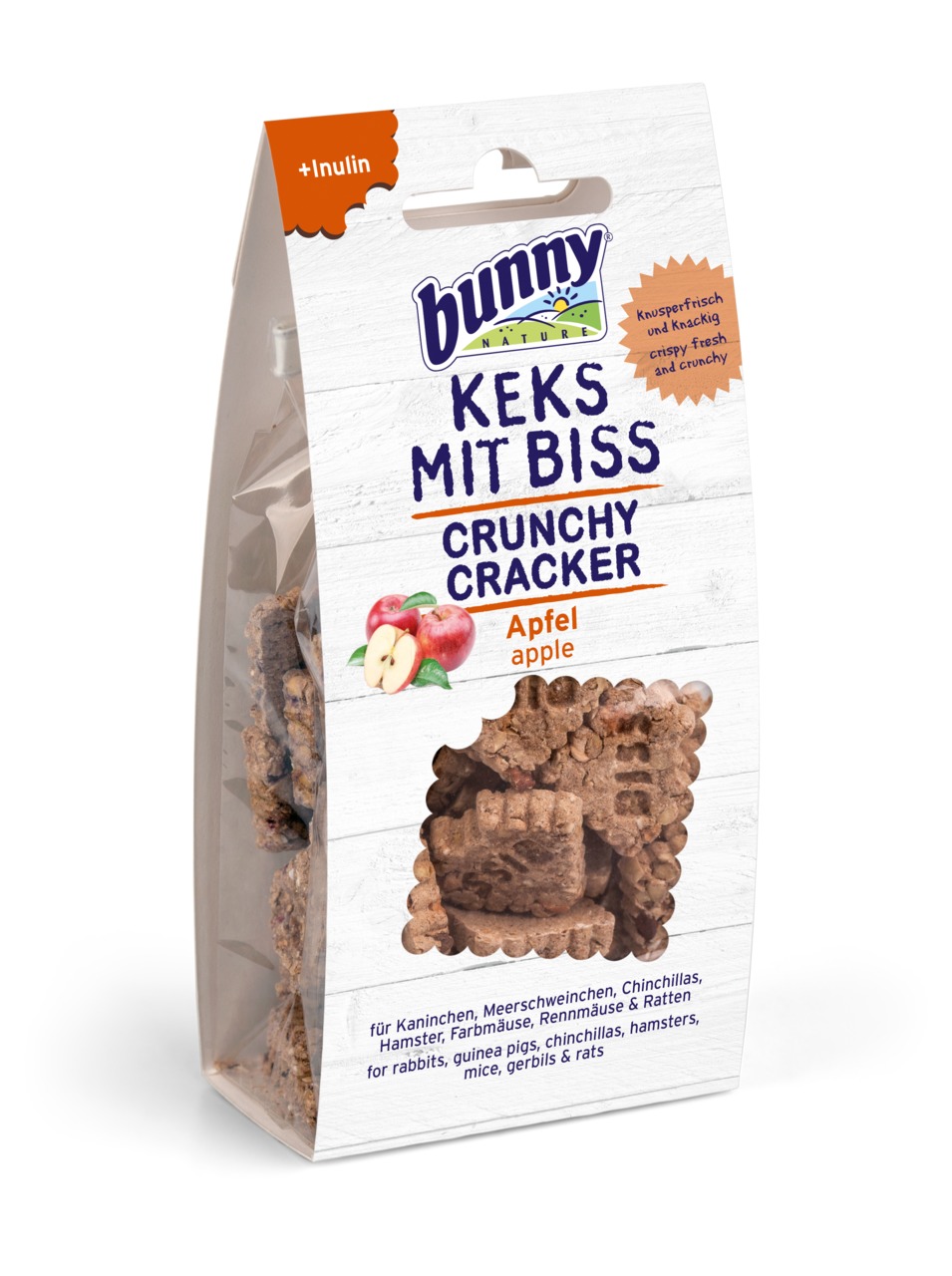 Das Bild zeigt eine Packung der Marke Bunny Nature mit dem Produkt "Keks mit Biss - Crunchy Cracker" in der Geschmacksrichtung Apfel. Die Verpackung enthält knusprige Leckerlis mit Inulin, geeignet für Kaninchen, Meerschweinchen, Chinchillas, Hamster, Far