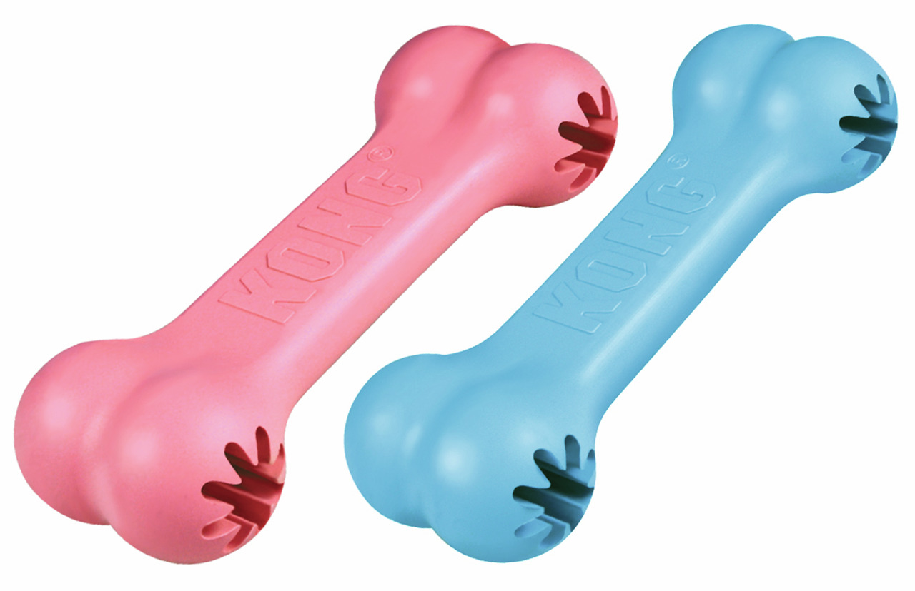 2 KONG Goodie Bone Hundespielzeuge, Rosa/Blau, robustes Gummi, Knochenform m. Leckerli-Öffnungen, für mittelgr.-große Hunde.