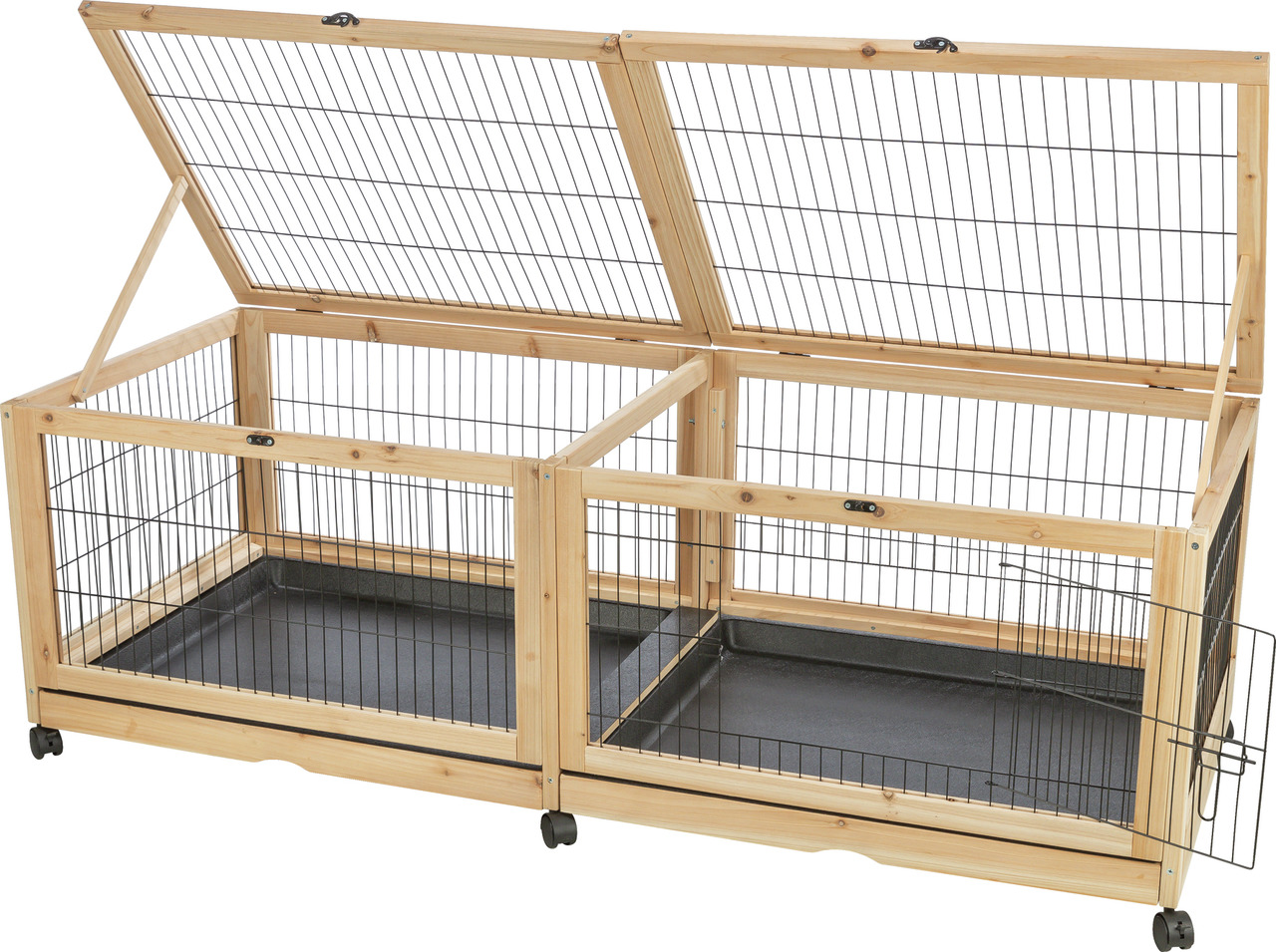 Holz-Kleintierkäfig TRIXIE Natura für Kaninchen und Meerschweinchen. Geräumiger Käfig mit zwei separaten Bereichen, ideal für den Innen- und Außenbereich. Aus robustem Holz und Metall gefertigt, mit aufklappbarem Dach und herausnehmbaren Kunststoffwannen 