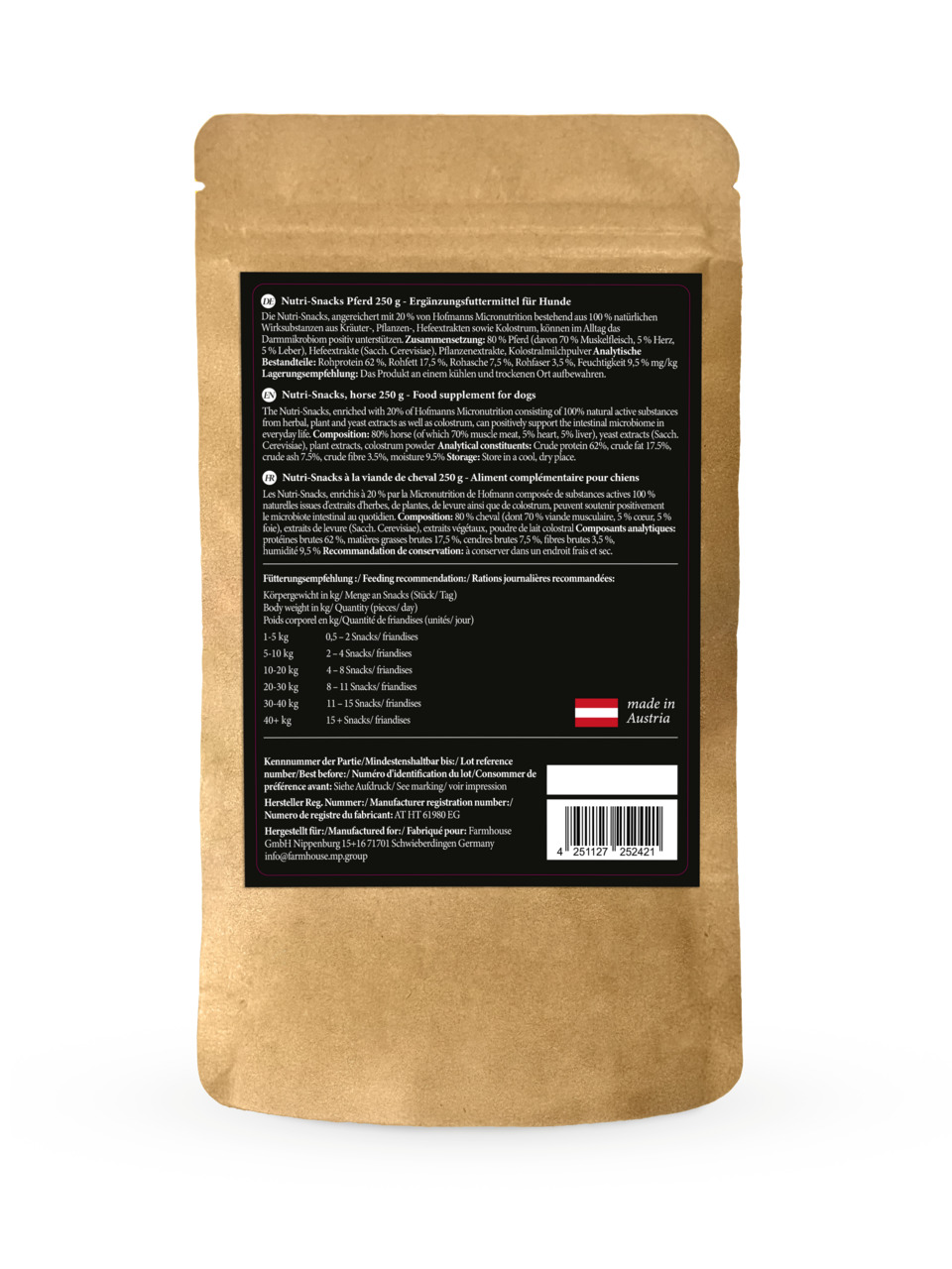 Lottis Häppchen Nutri-Snacks Pferd, Ergänzungsfutter f. Hunde, Geschm.: Pferd, 250 g, mit Inhaltsangaben u. Fütterungsempfehlung.