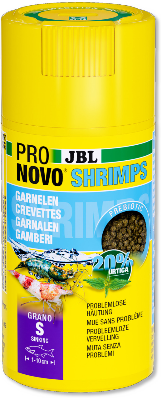 JBL ProNovo Shrimps, Garnelenfutter, 1-10 cm, 20 % Urtica, fördert Häutung, 60 g, sinkende Granulate, für Aquarienbewohner.