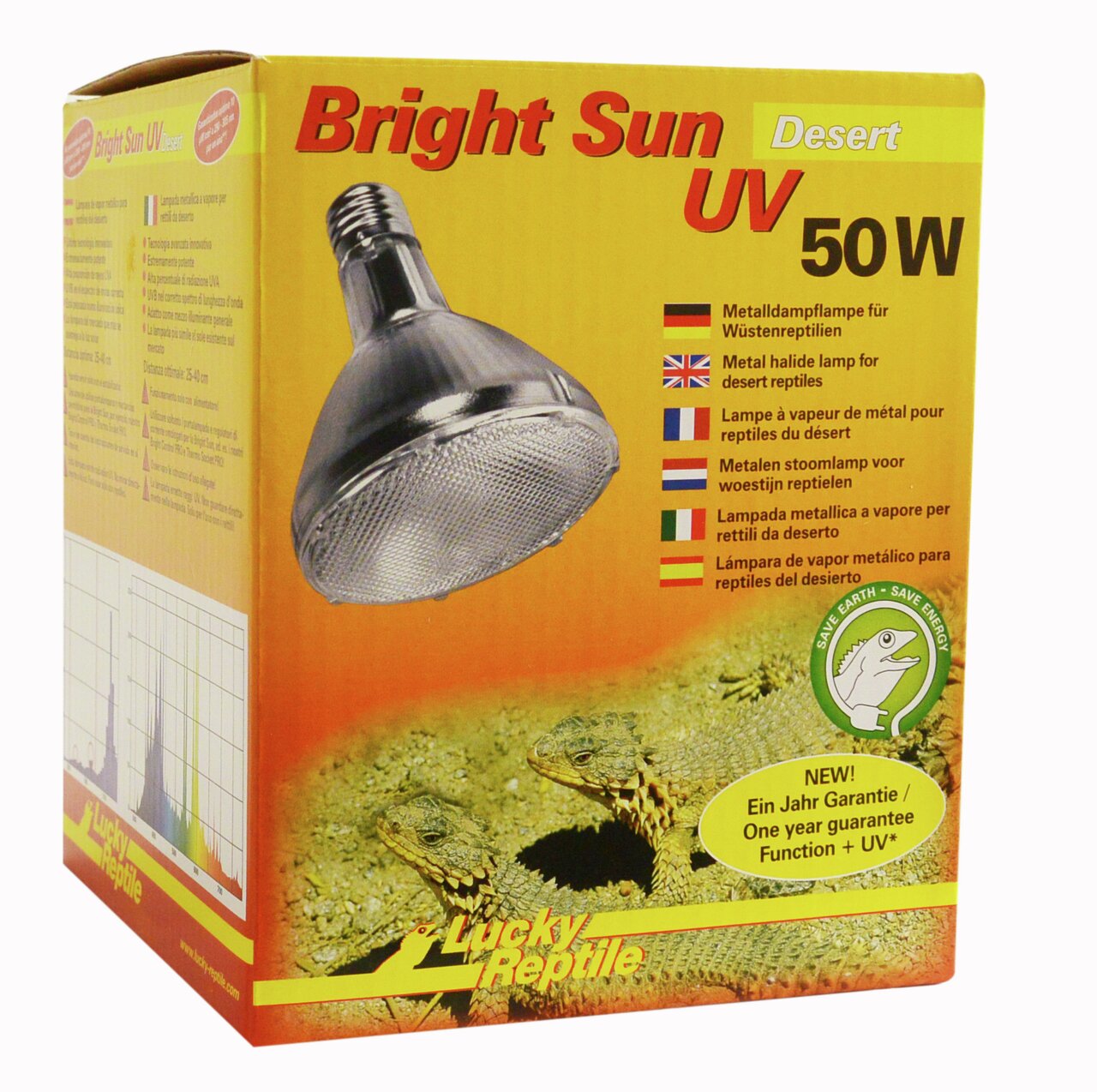 Lucky Reptile Bright Sun Desert UV 50W, Lichtlampe für Wüstenreptilien, energiesparend, mit 1 Jahr Garantie, metallhalogen.