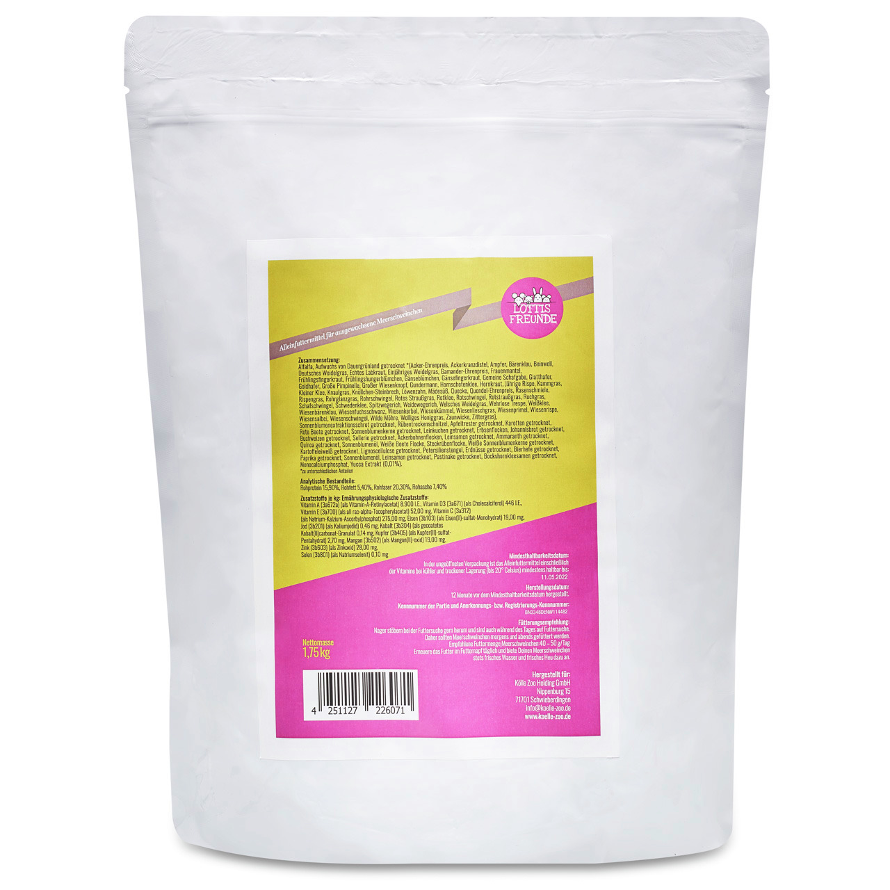 Das Bild zeigt eine weiße Verpackung des Tierfutterprodukts „Lottis Freunde“ mit einem gelb-pinken Etikett. Es handelt sich um ein Alleinfuttermittel für ausgewachsene Hunde. Die Verpackung enthält 1,75 kg. Die Marke „Lottis Freunde“ ist oben auf dem Etik