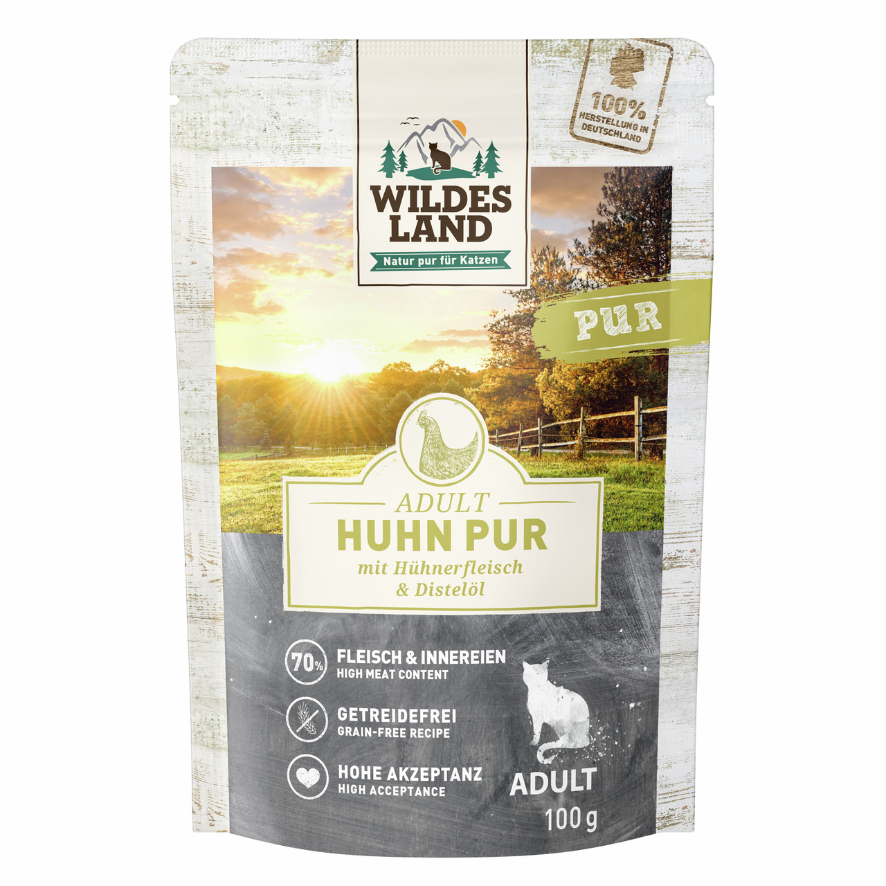 Wildes Land Adult Huhn Pur, für ausgewachsene Katzen, Huhn, getreidefrei, 70 % Fleisch, hohe Akzeptanz, 100 g.