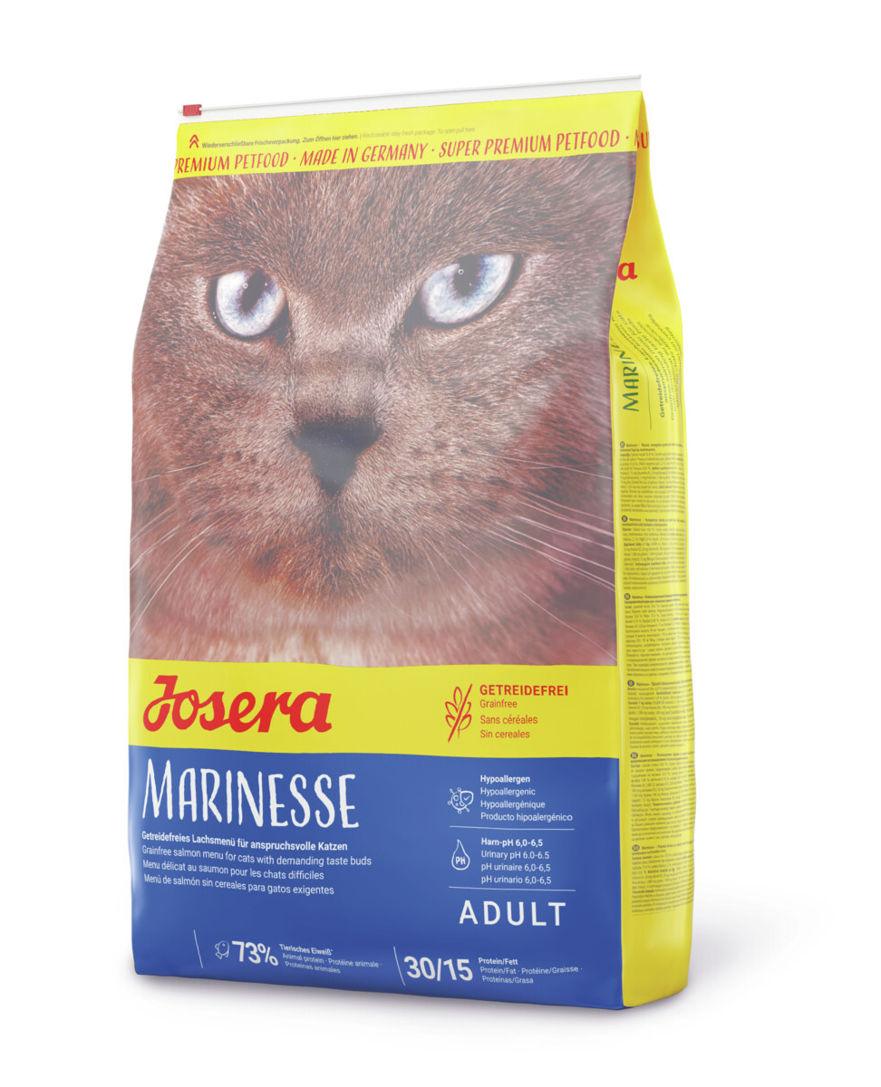 Josera Marinesse, Trockenfutter f. ausgew. Katzen, getreidefrei, hypoallergen, Lachs, 73 % tier. Eiweiß, Super Premium Petfood.