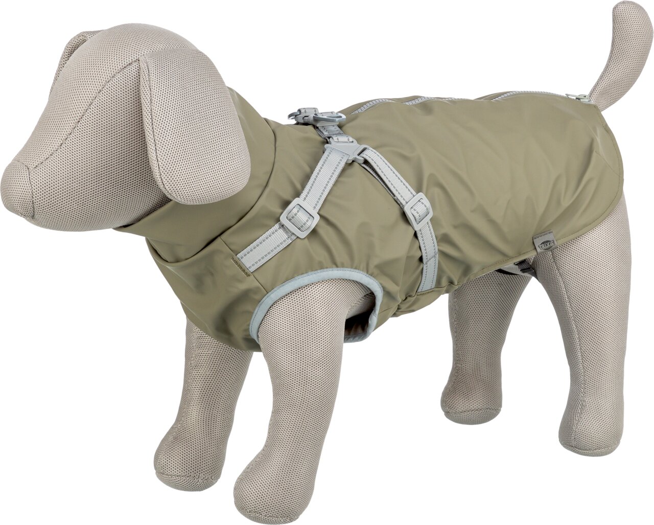 TRIXIE Hunderegenmantel für Hunde, olivgrün mit reflektierendem Geschirr und wasserabweisendem Schutz.