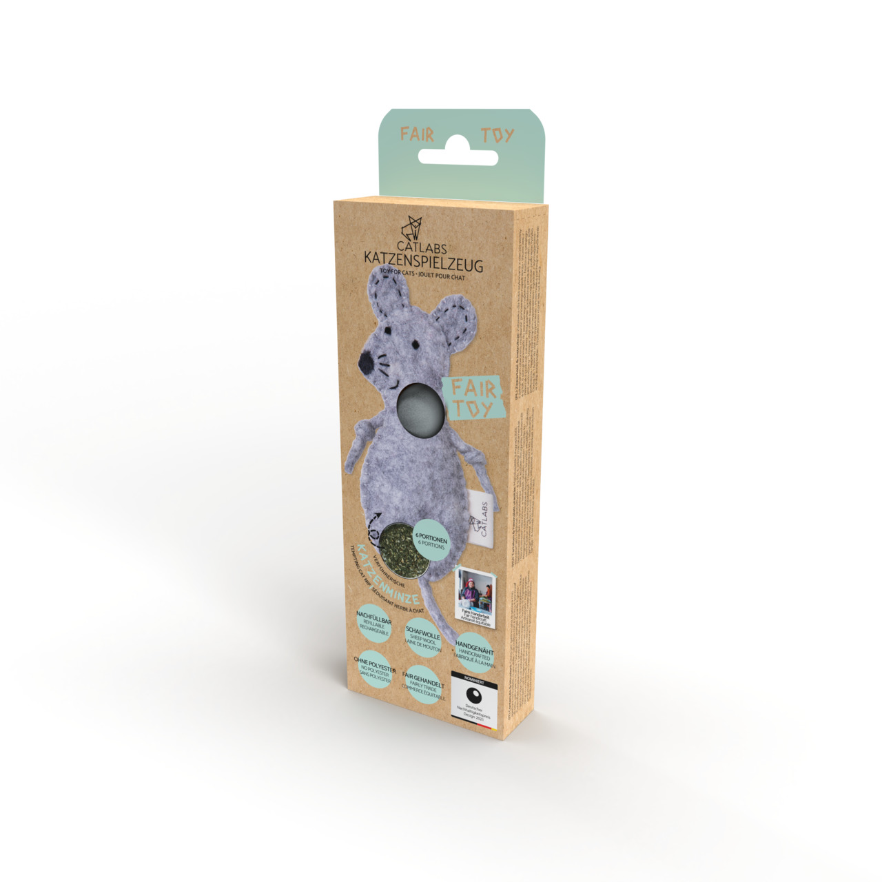 Das Bild zeigt die Verpackung des Katzenspielzeugs „Fair Toy“ von der Marke Catlabs. Es handelt sich um ein nachhaltiges Spielzeug für Katzen, das mit Katzenminze gefüllt ist. Die Verpackung ist aus umweltfreundlichem Material gefertigt und zeigt eine gra