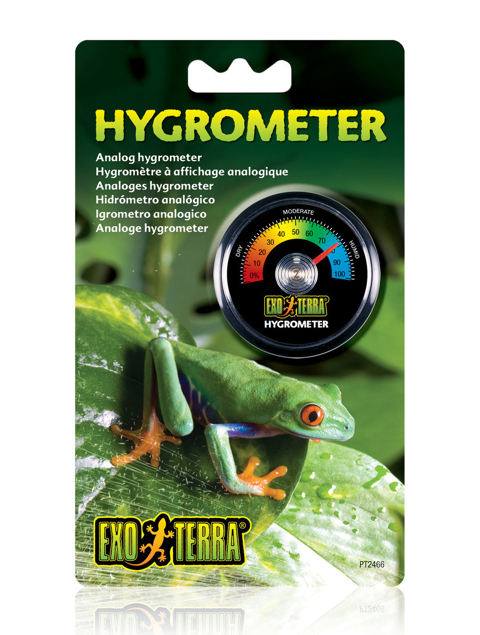 Exo Terra Hygrometer, analog, für Reptilien & Amphibien, misst Luftfeuchtigkeit im Terrarium, farbige Skala, grüner Laubfrosch.