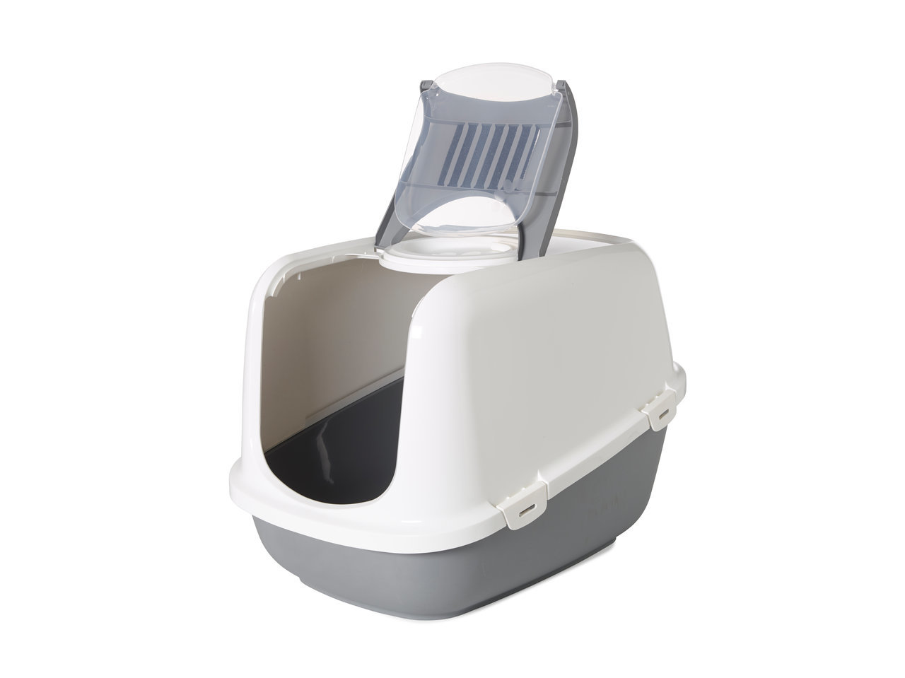 Das Bild zeigt die Katzentoilette „SAVIC Nestor Jumbo“ in Weiß und Grau, geeignet für große Katzenrassen oder Haushalte mit mehreren Katzen. Sie verfügt über eine transparente Klappe für Privatsphäre, einen abnehmbaren Deckel für einfache Reinigung und ei