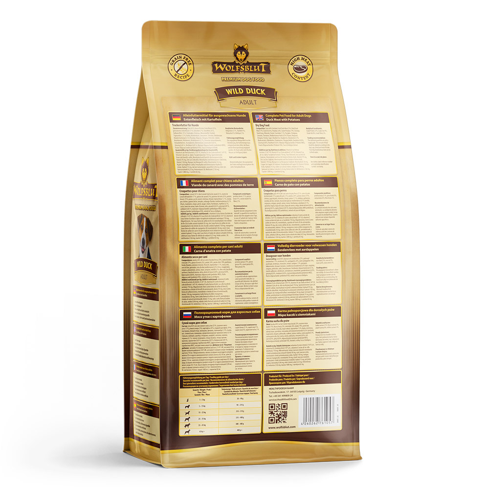 Wolfsblut Wild Duck Adult: Getreidefreies Premium-Trockenfutter für ausgewachsene Hunde, Ente mit Kartoffeln, 15 kg, hoher Fleischanteil.