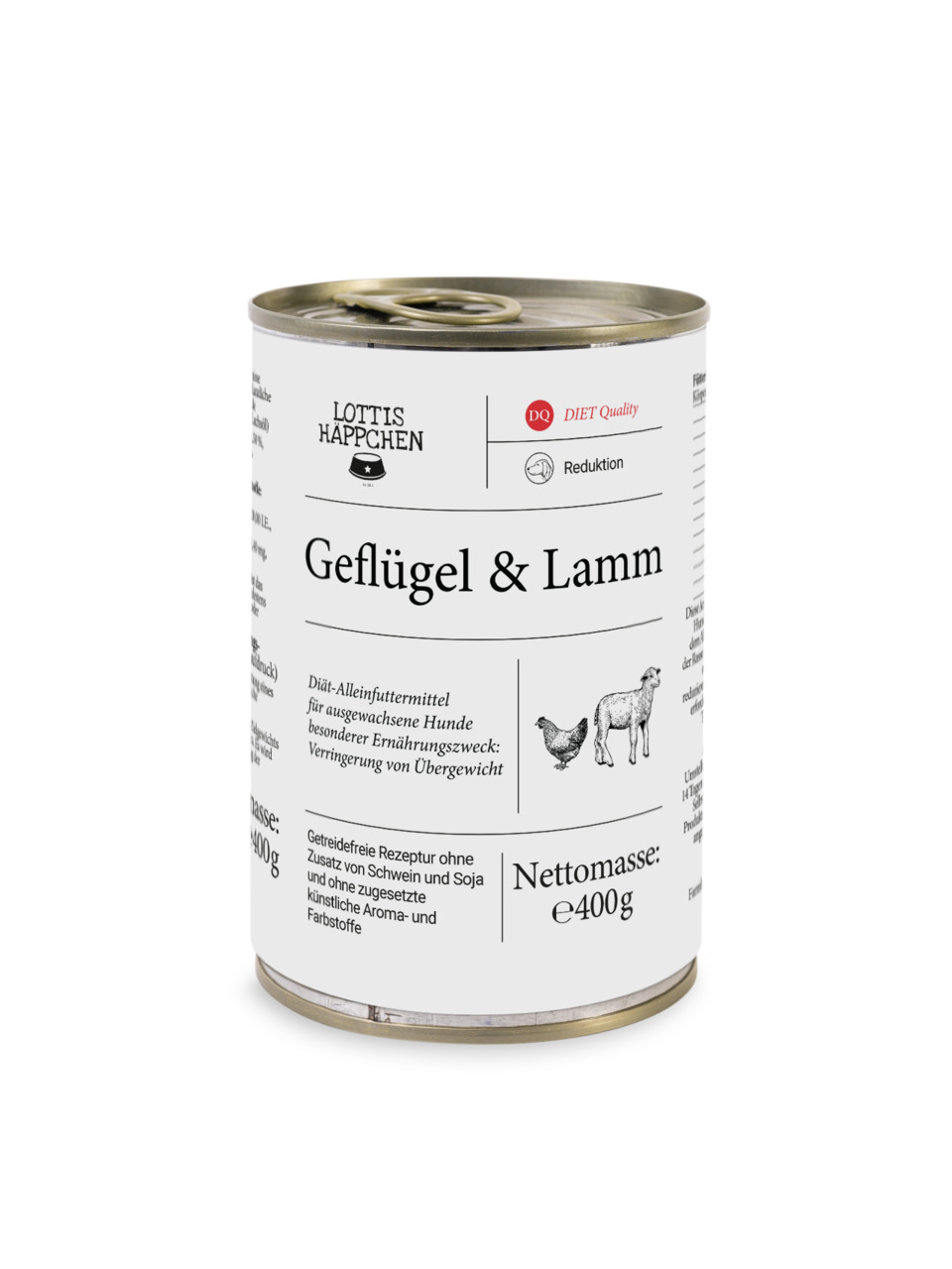 Lottis Häppchen Geflügel & Lamm, Diät-Alleinfutter, erw. übergew. Hunde, Gewichtsreduktion, 400 g, Label „Diet Quality“.
