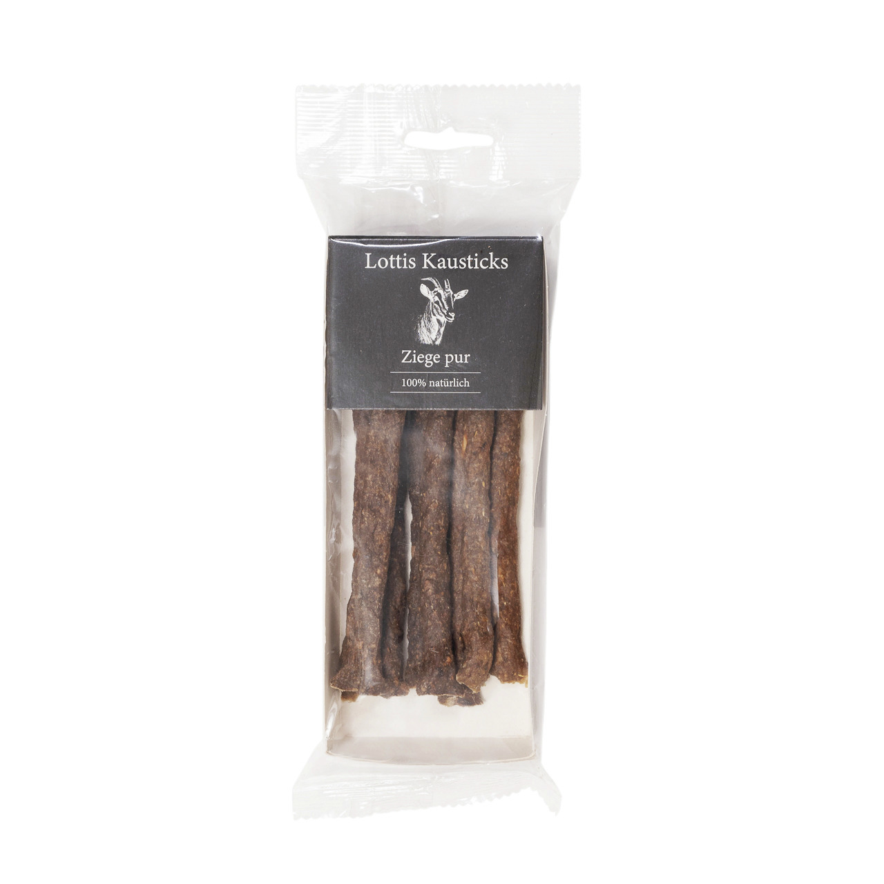 Das Bild zeigt eine transparente Verpackung mit der Aufschrift „Lottis Kausticks – Ziege pur – 100% natürlich“. Es handelt sich um einen Hundesnack der Marke Lottis Häppchen, speziell für Hunde. Die Kausticks bestehen aus reinem Ziegenfleisch und sind in 