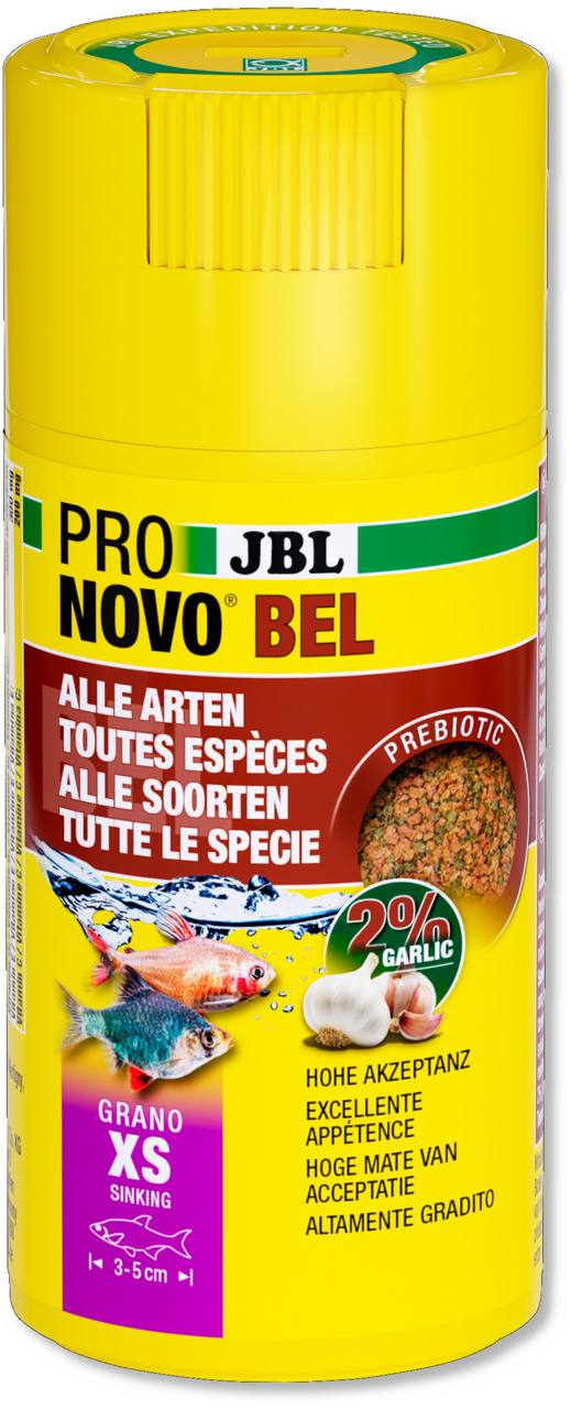 JBL ProNovo Bel Grano XS, Fischfutter für Zierfische (3-5 cm), mit 2 % Knoblauch & Präbiotika, 100 ml, fördert Akzeptanz & Gesundheit.