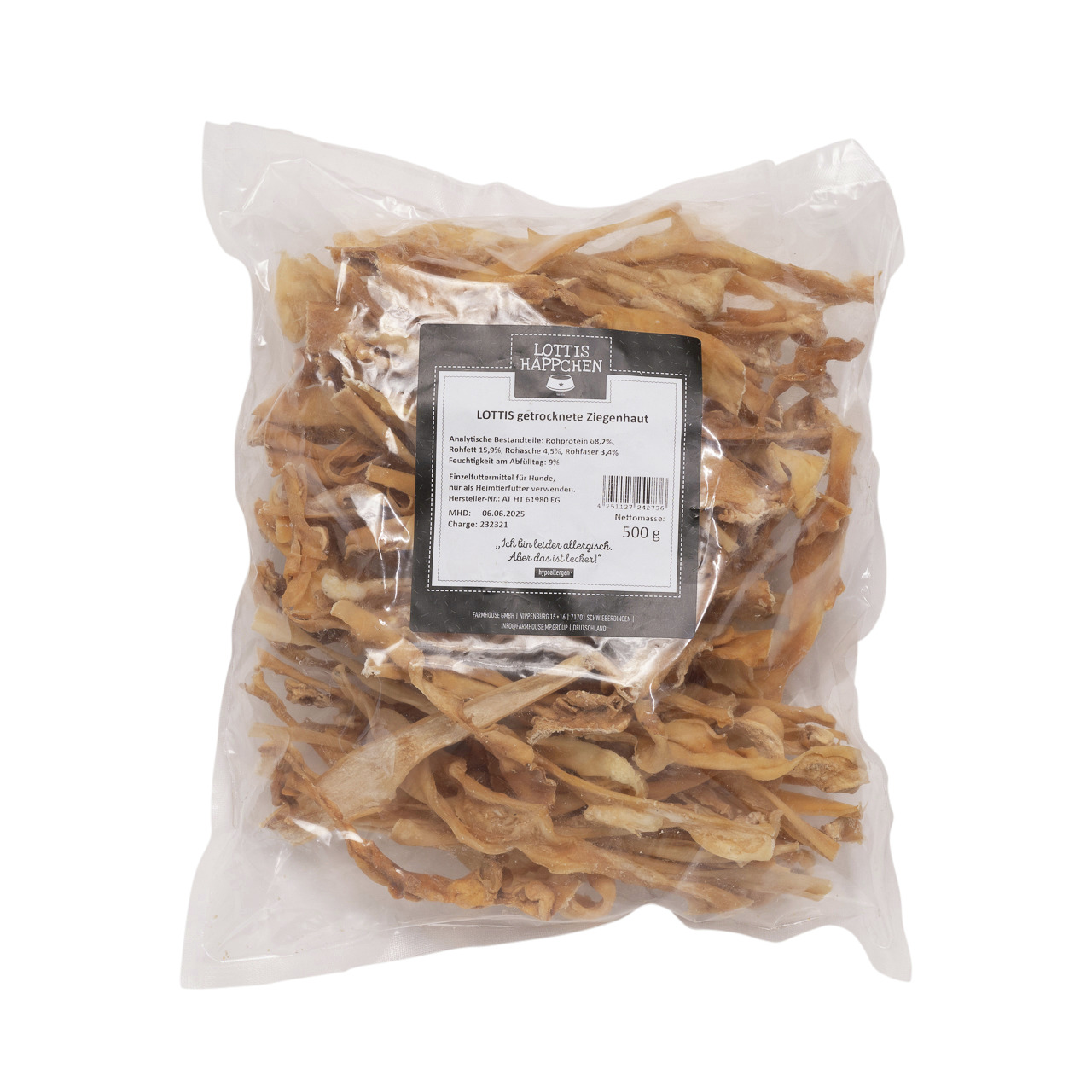 LOTTIS HÄPPCHEN Ziegenhaut, 500 g, Kausnack für Hunde, ideal für ernährungssensible Tiere, Naturprodukt mit Angaben zu Inhaltsstoffen.
