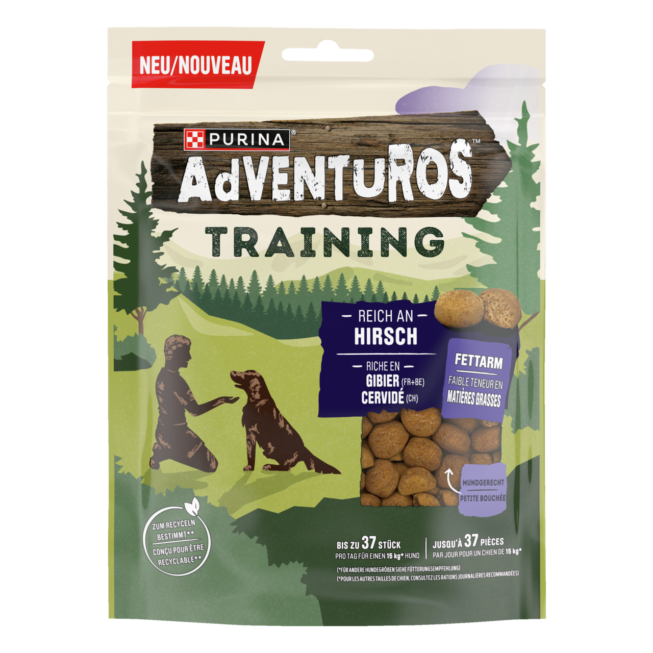 Das Bild zeigt eine Verpackung des Produkts „Purina Adventuros Training“, speziell für Hunde. Die Leckerlis sind reich an Hirsch, fettarm und mundgerecht. Die Zielgruppe sind Hunde bis 15 kg. Die Verpackung enthält bis zu 37 Stück und ist recycelbar. Idea