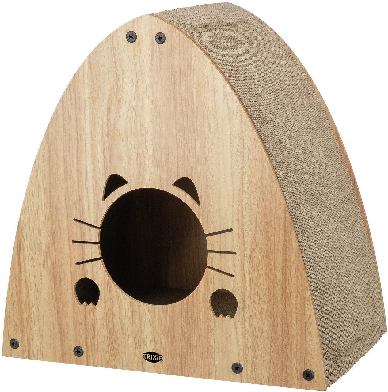 TRIXIE Kratzhaus für Katzen, Holz, Sisal-Kratzbrett, Katzenmotive, für alle Altersgruppen, ideal für Spiel-Entspannung.