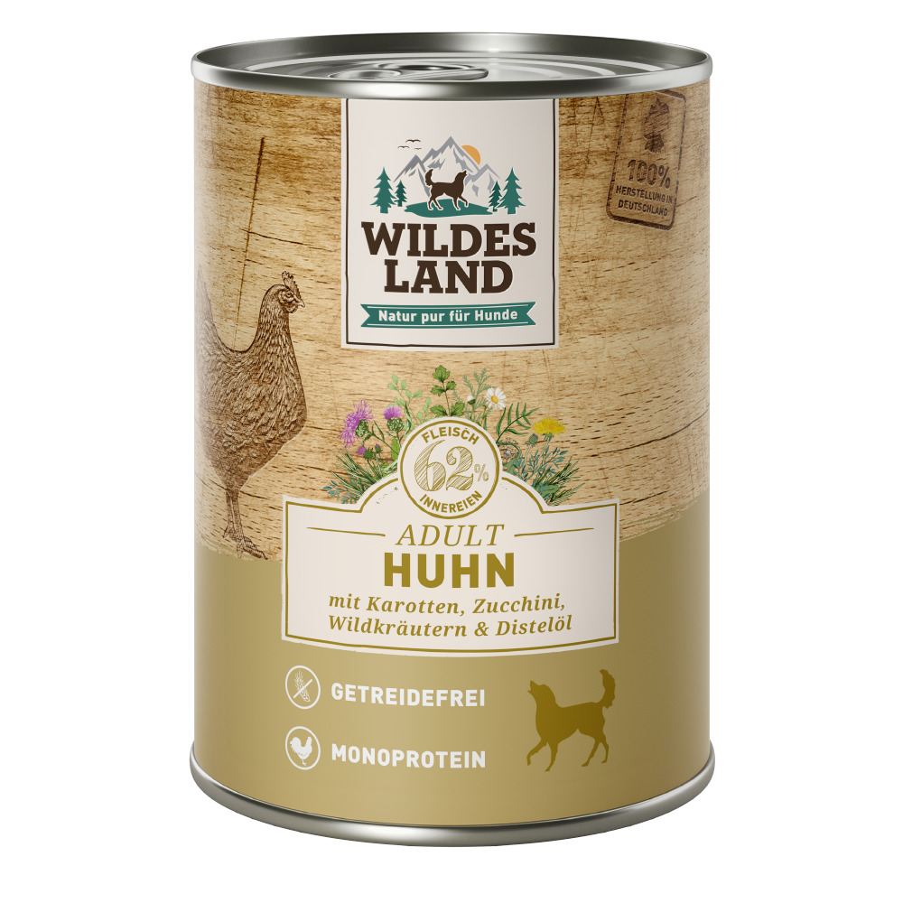 Wildes Land Hundefutter Huhn, Adult, mit Karotten, Zucchini, Wildkräutern & Distelöl, getreidefrei, Monoprotein, 400 g.