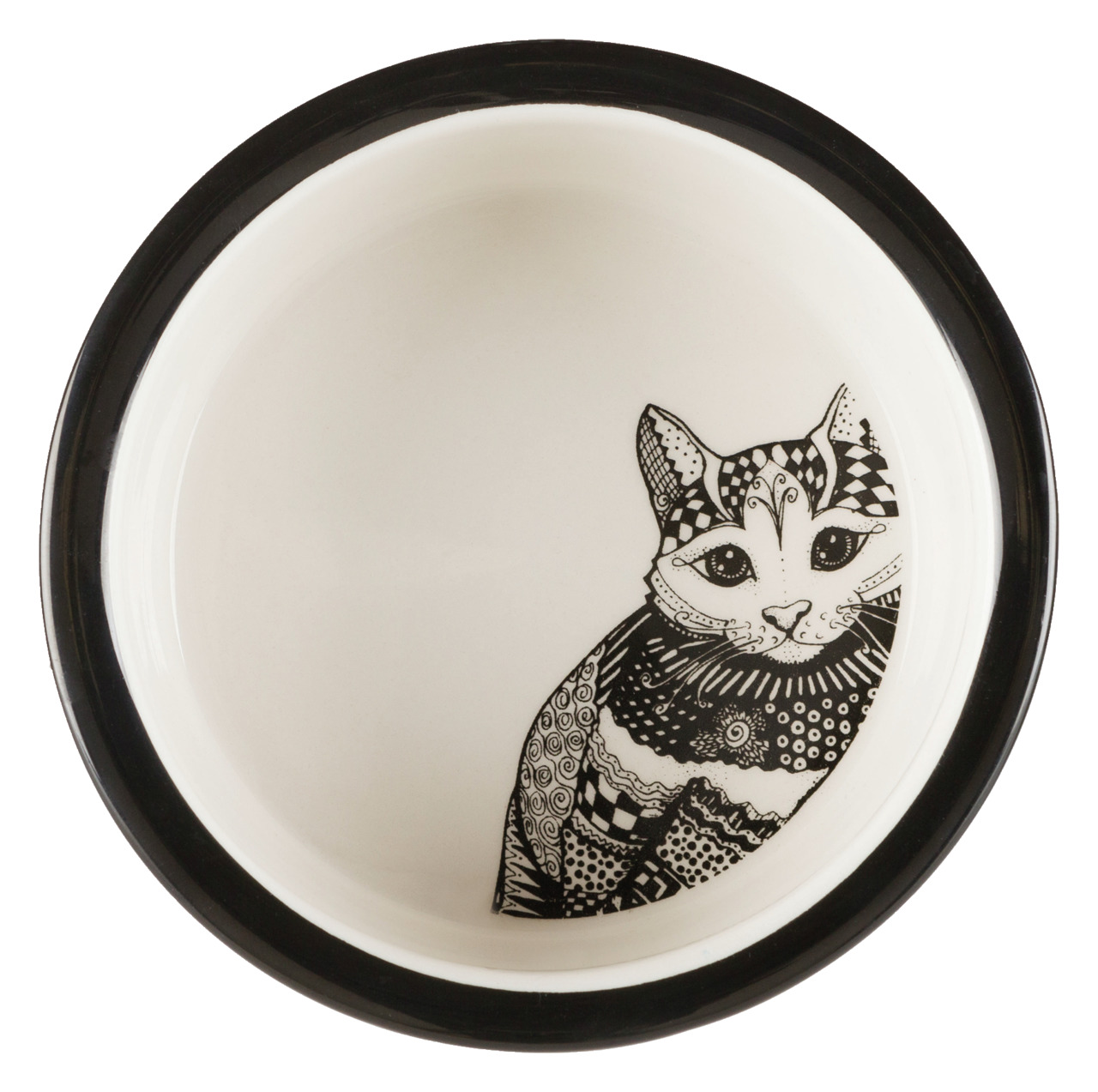 Keramiknapf von TRIXIE für Katzen, verziert mit einem stilisierten, schwarz-weißen Katzenmotiv im Inneren. Der Napf hat einen schwarzen Rand und eignet sich ideal für Futter oder Wasser. Zielgruppe: Katzenhalter. Fassungsvermögen und genaue Maße sind nich