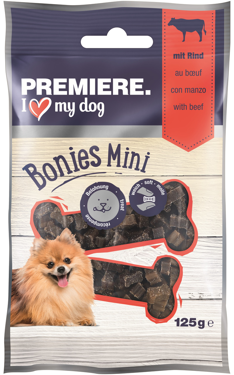 PREMIERE I love my dog Bonies Mini, Rind, Belohnung f. kl. Hunde, 125 g weiche Knochen-Leckerlis, ideal f. Pomeranians.