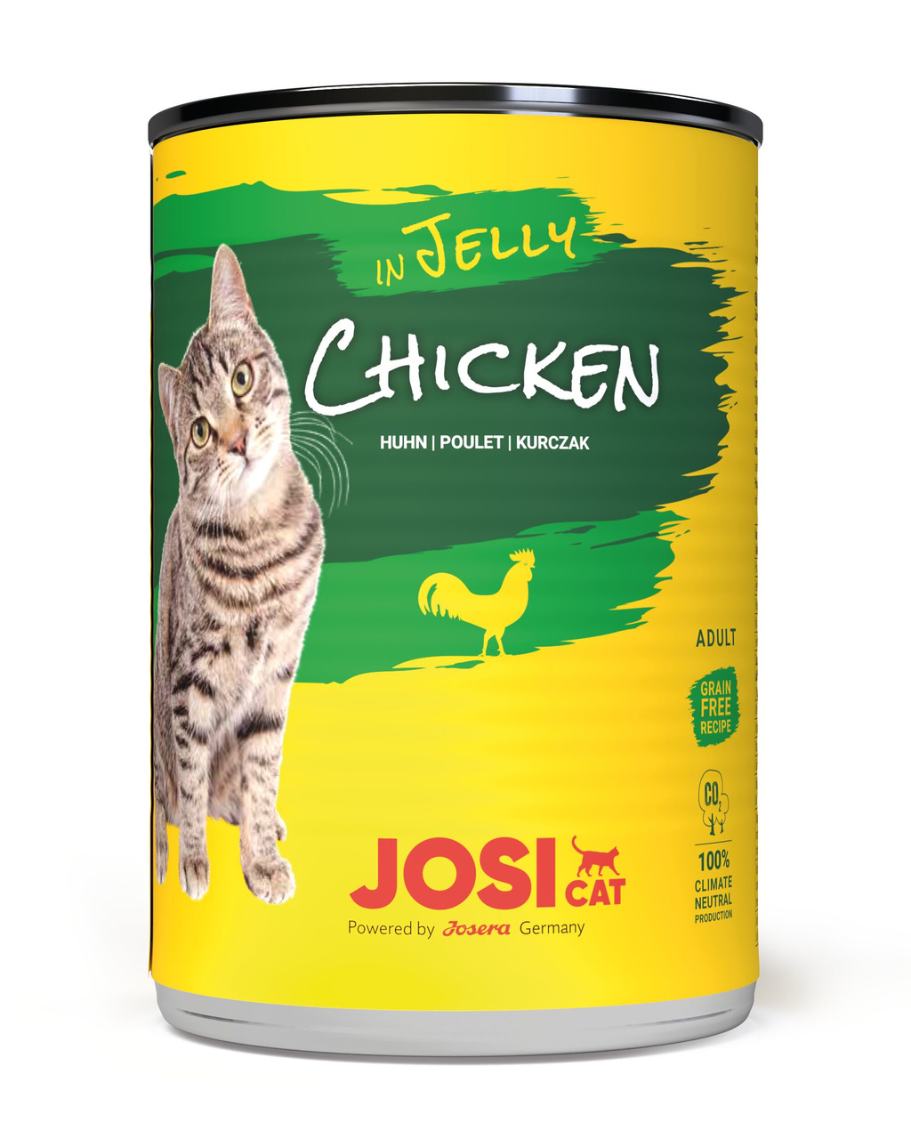 Josera JosiCat in Jelly Chicken, Adult Katzenfutter, Huhn, Grain Free, 100% klimaneutral, gelb-grüne Dose.