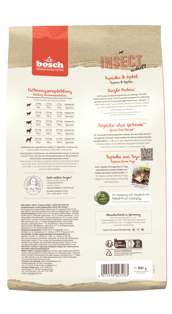 Das Bild zeigt die Rückseite einer Verpackung des Produkts "bosch INSECT ADULT Tapioka & Apfel", einem getreidefreien Hundefutter für ausgewachsene Hunde aller Rassen. Es enthält Single-Protein aus Insekten, Tapioka und Äpfel. Die Verpackung wiegt 800 g u