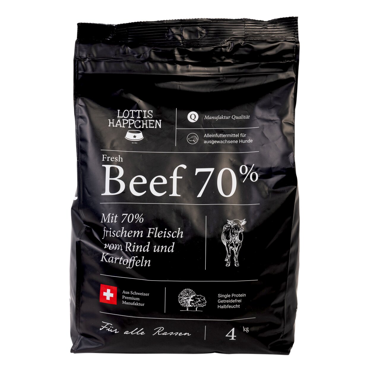 Lottis Häppchen Fresh Beef 70%: Alleinfutter f. erw. Hunde, 70% Rind, getreidefrei, Single-Protein, halbfeucht, 4 kg, Premium CH-Manufaktur.