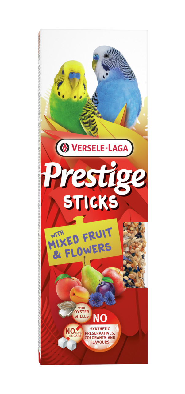 Das Bild zeigt eine Verpackung des Produkts „Prestige Sticks“ von der Marke Versele-Laga. Es handelt sich um Snacks für Wellensittiche mit gemischten Früchten und Blumen. Die Verpackung hebt hervor, dass keine zusätzlichen Zucker, synthetische Konservieru