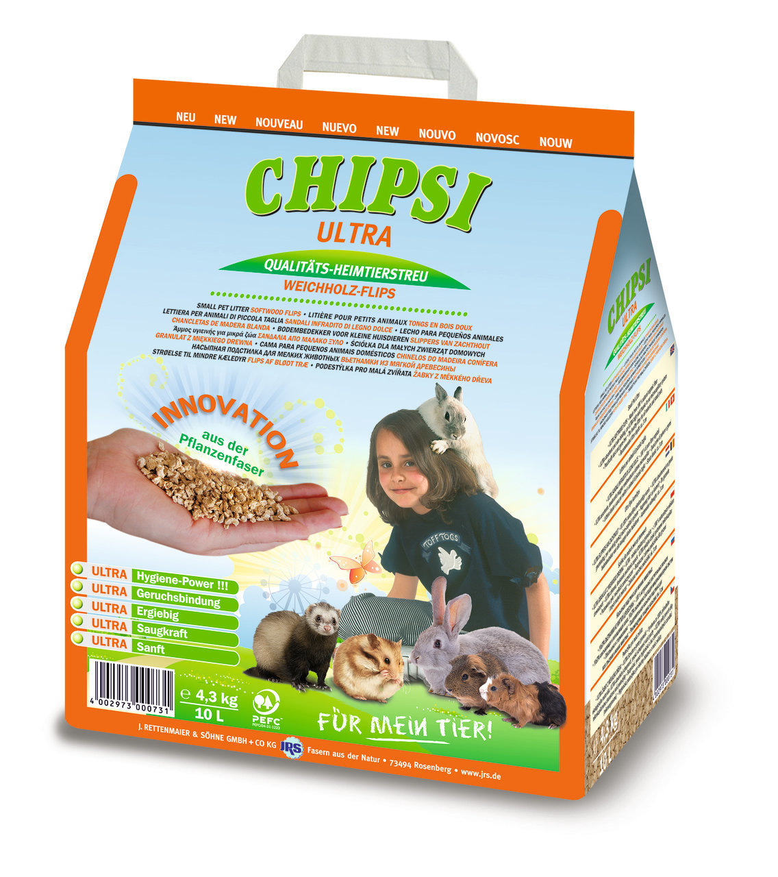CHIPSI ULTRA Heimtierstreu, Kleintiere (Kaninchen, Meerschweinchen, Hamster), Hygiene-Power, 4,3 kg-10 L, geruchsbindend & saugstark.