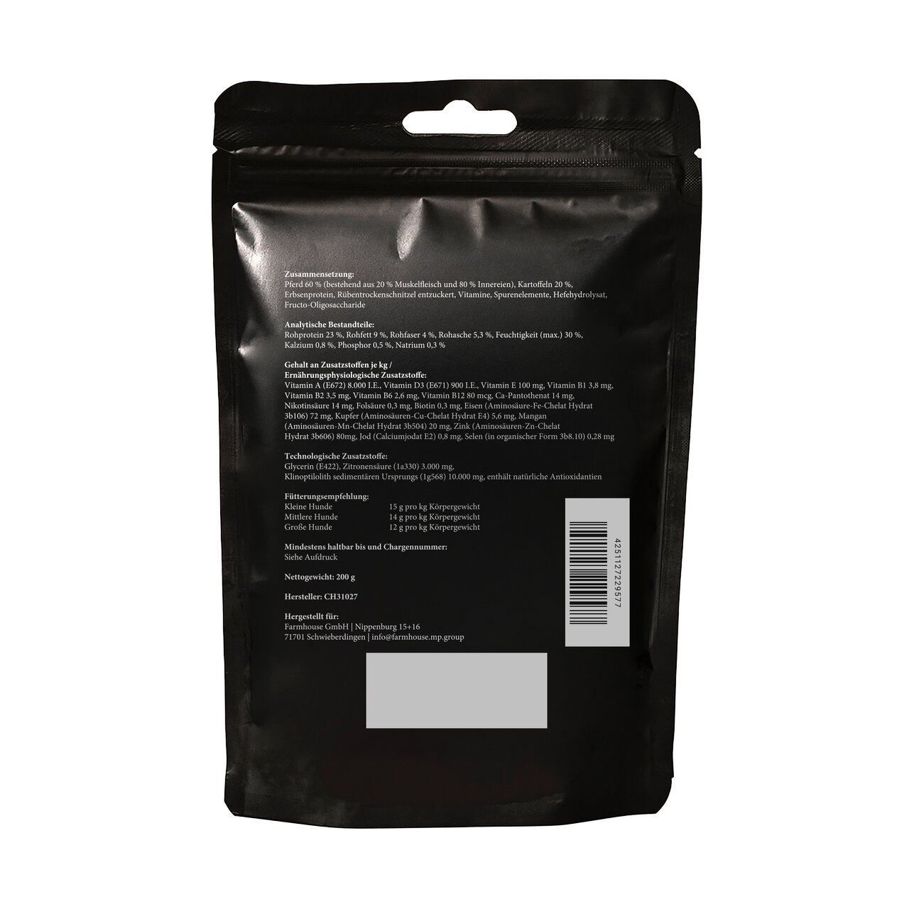 Rückseite der Verpackung von Lottis Häppchen, Hundefutter für kleine Hunde, 200 g, mit detaillierten Inhaltsangaben und Barcode.