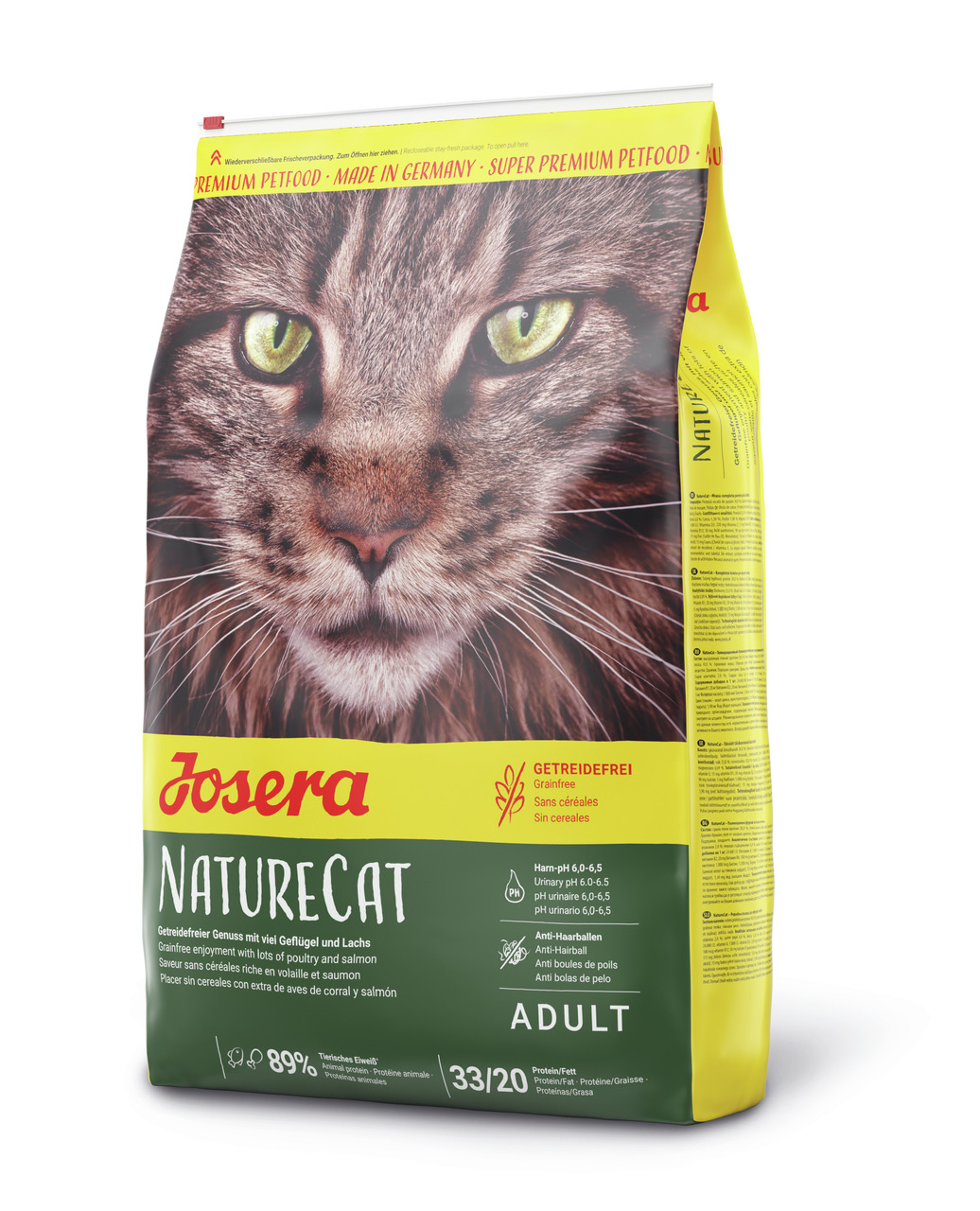 Josera NatureCat Katzenfutter, getreidefrei, Geflügel & Lachs, 89 % Fleisch, Harn-pH 6,0–6,5, reduziert Haarballen, 10 kg.
