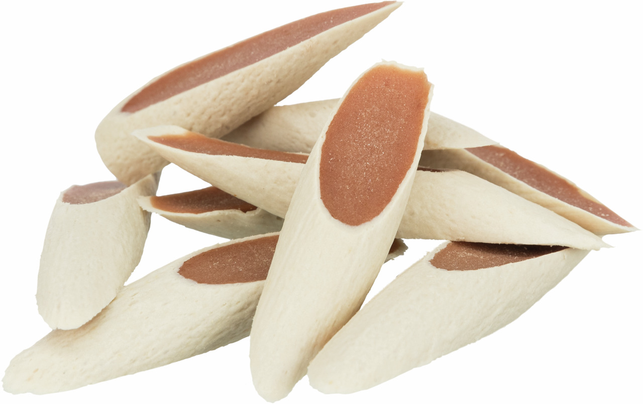Das Bild zeigt TRIXIE Premio Denta Fun Chicken Chewing Rolls, einen hochwertigen Kausnack für Hunde. Die Zielgruppe sind Hunde aller Rassen. Der Snack besteht aus einer Kombination von Hühnerfleisch und Rinderhaut, die Zahnpflege unterstützt. Verpackungsm
