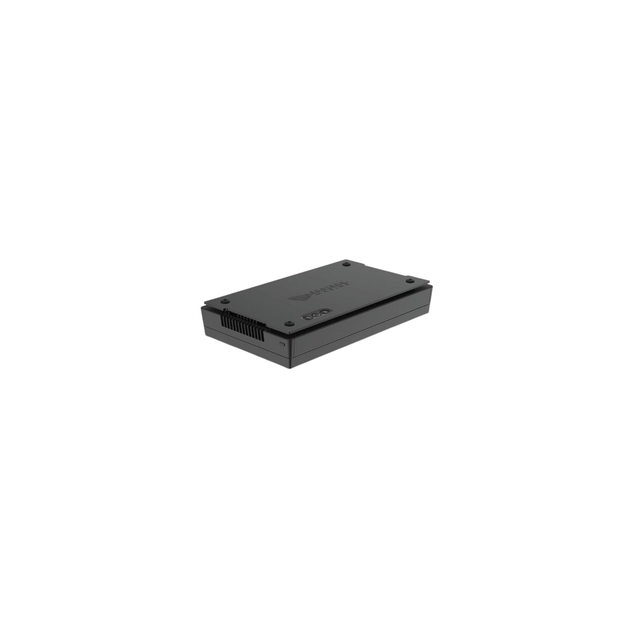 Das Bild zeigt eine schwarze externe Festplatte der Marke Ecotech mit der EAN 0653341195722. Die Festplatte hat ein kompaktes, rechteckiges Design mit abgerundeten Kanten und sichtbaren Schrauben an den Ecken. Sie eignet sich ideal zur Datenspeicherung un