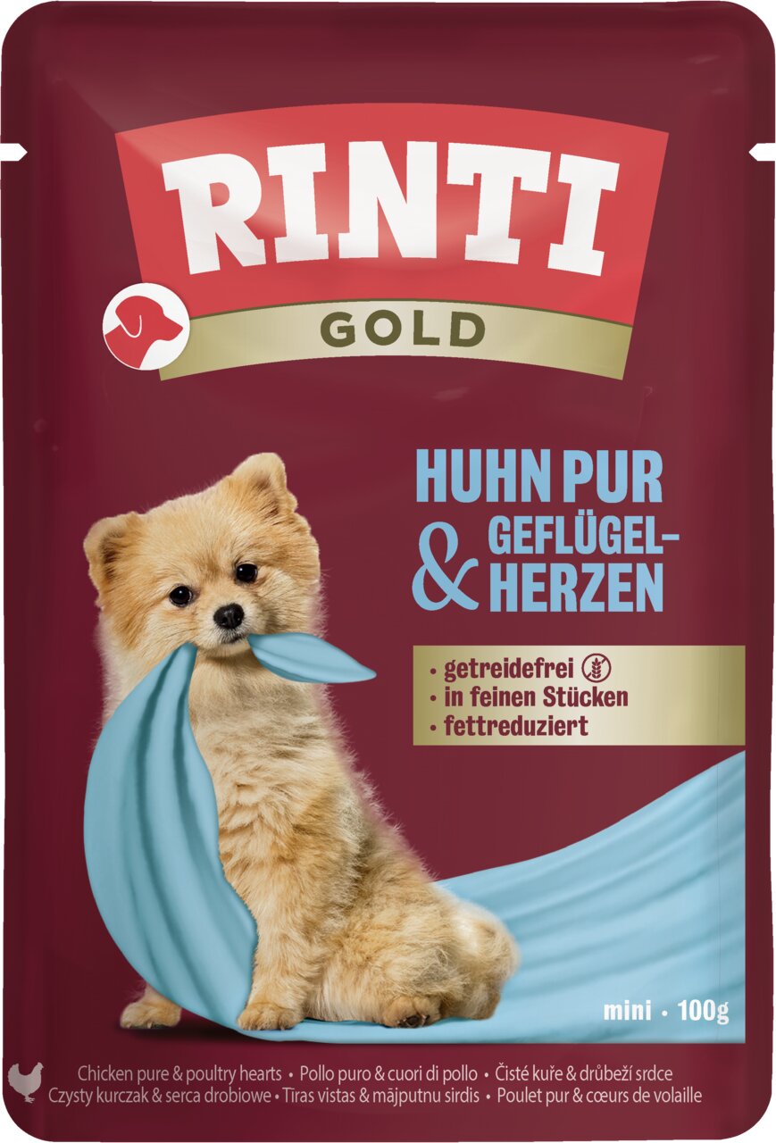 RINTI GOLD Huhn pur & Geflügel-Herzen, Hundefutter für kleine Hunde, getreidefrei, fettreduziert, 100g, in feinen Stücken.