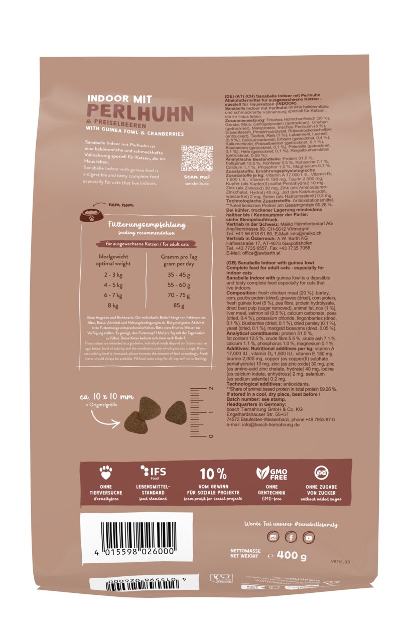 Sanabelle Indoor, erw. Hauskatzen, Perlhuhn & Preiselbeeren, 400 g, ohne Tierversuche, gentechnikfrei, ohne Zucker, Lebensmittelstandard